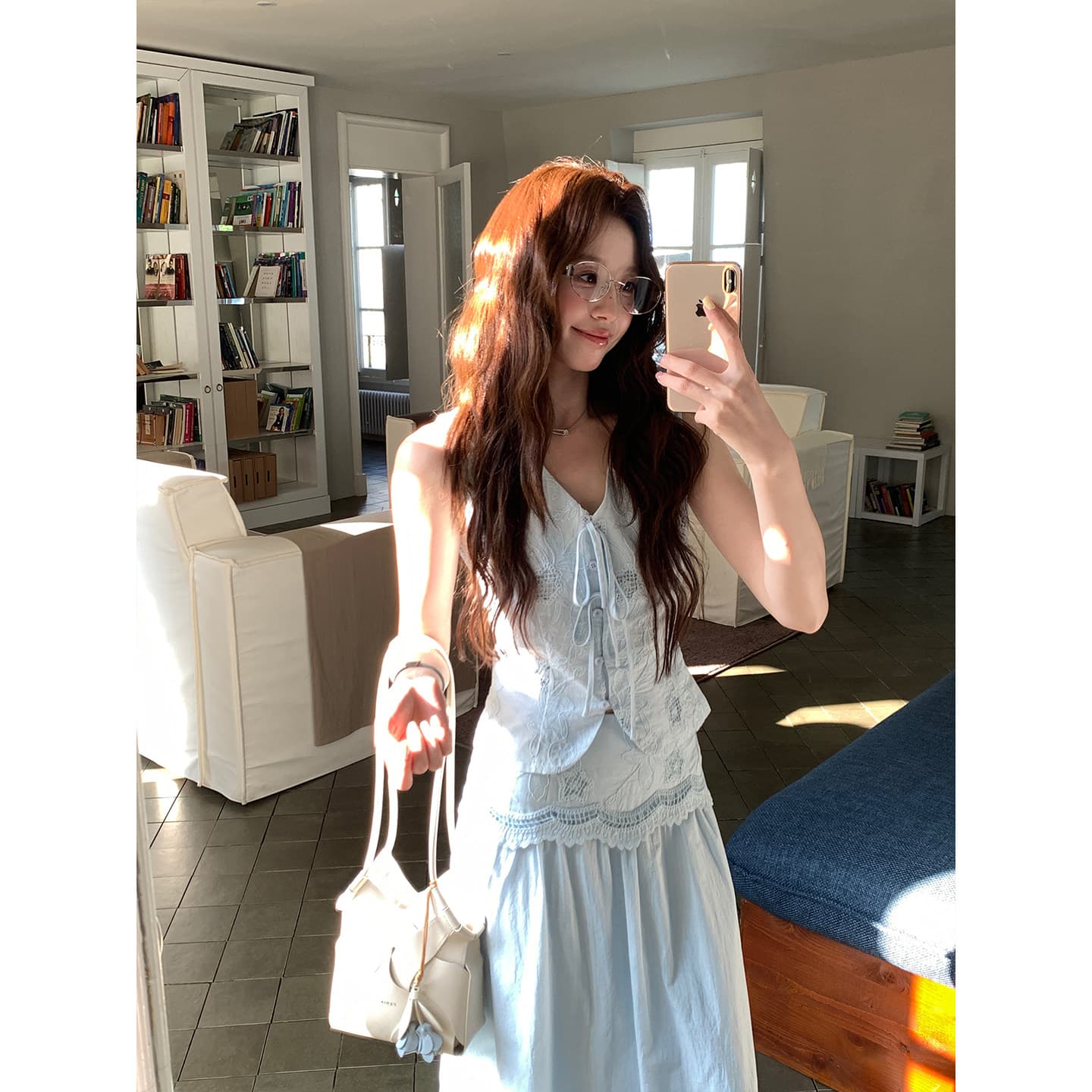 even 하나 원자바오 아일랜드 전복 한 부서 높음 지혜 맨위 반 스커트 투피스 세트 프랑스식 자수 민소매 세트 이미지 6