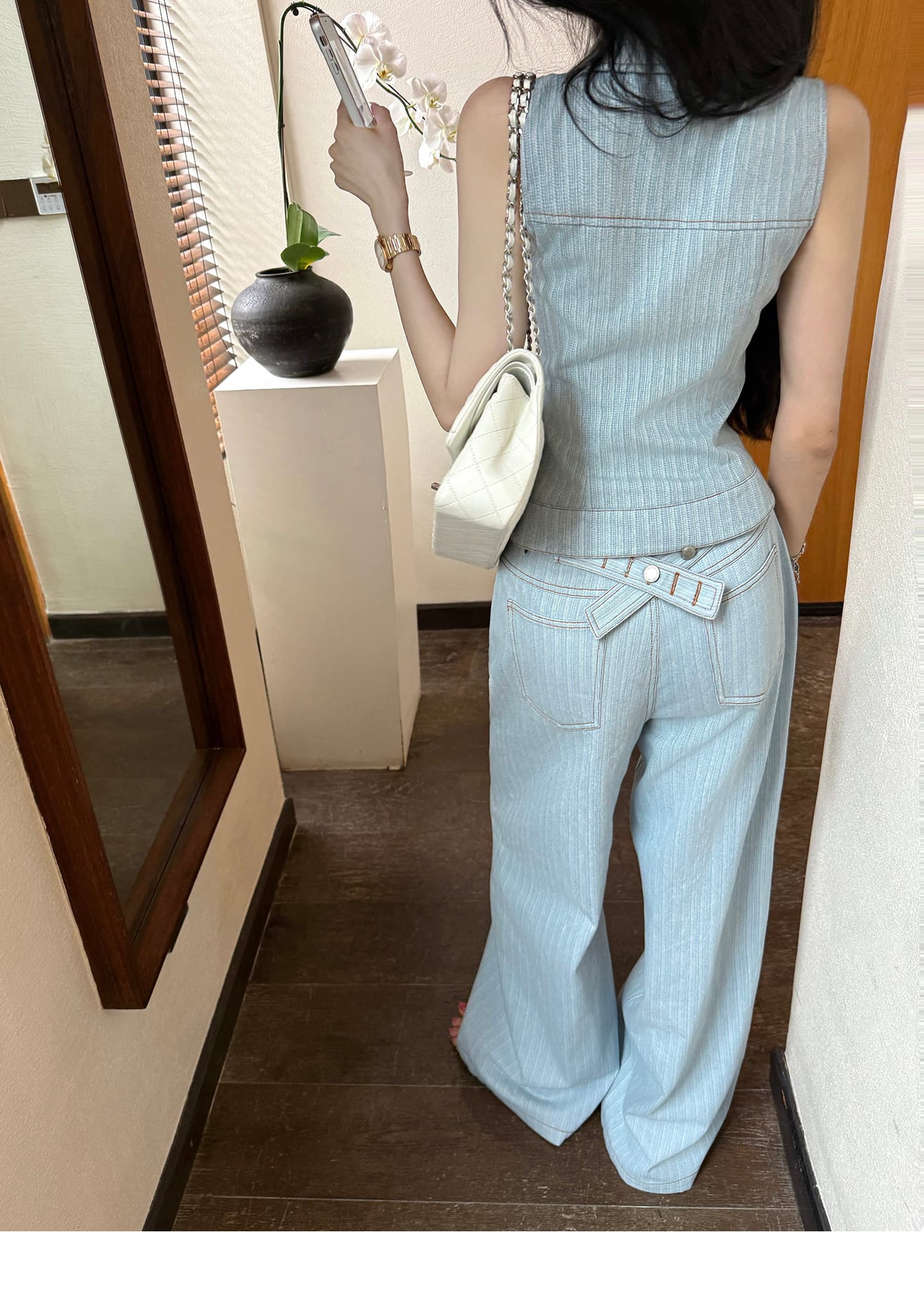 even 하나 원자바오 아일랜드 전복 한 부서 높음 지혜 맨위 반 스커트 투피스 세트 프랑스식 자수 민소매 세트 상세 이미지 22