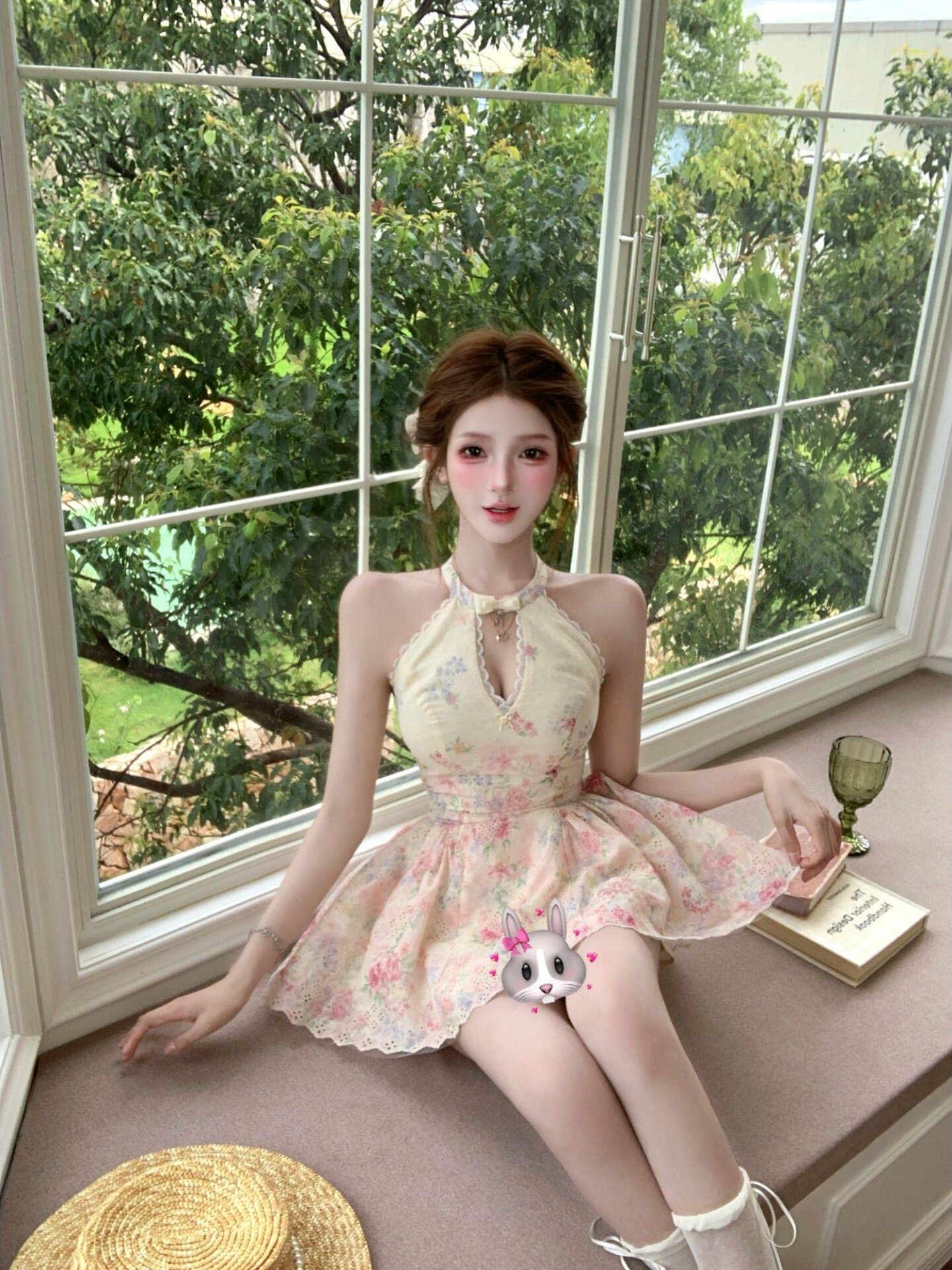 프랑스식 아름다운 꽃무늬 홀로우 아웃 행침 목 여성 드레스 여름 해변가 휴가 바람 공주 순수한 욕망 허리 수축 짧은 치마 상세 이미지 2