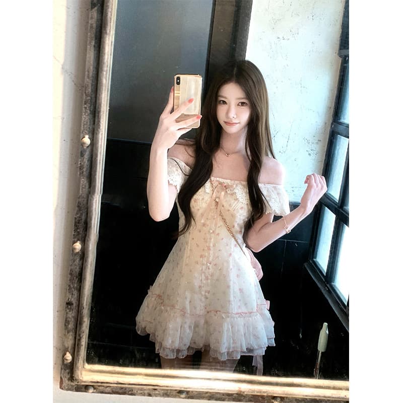 달콤함 귀여운 바람 광장 칼라 작은 날다 소매 드레스 여름 장난기 넘치는 소녀 센스 연령 감소 작은 키 허리 수축 꽃무늬 치마 이미지 5