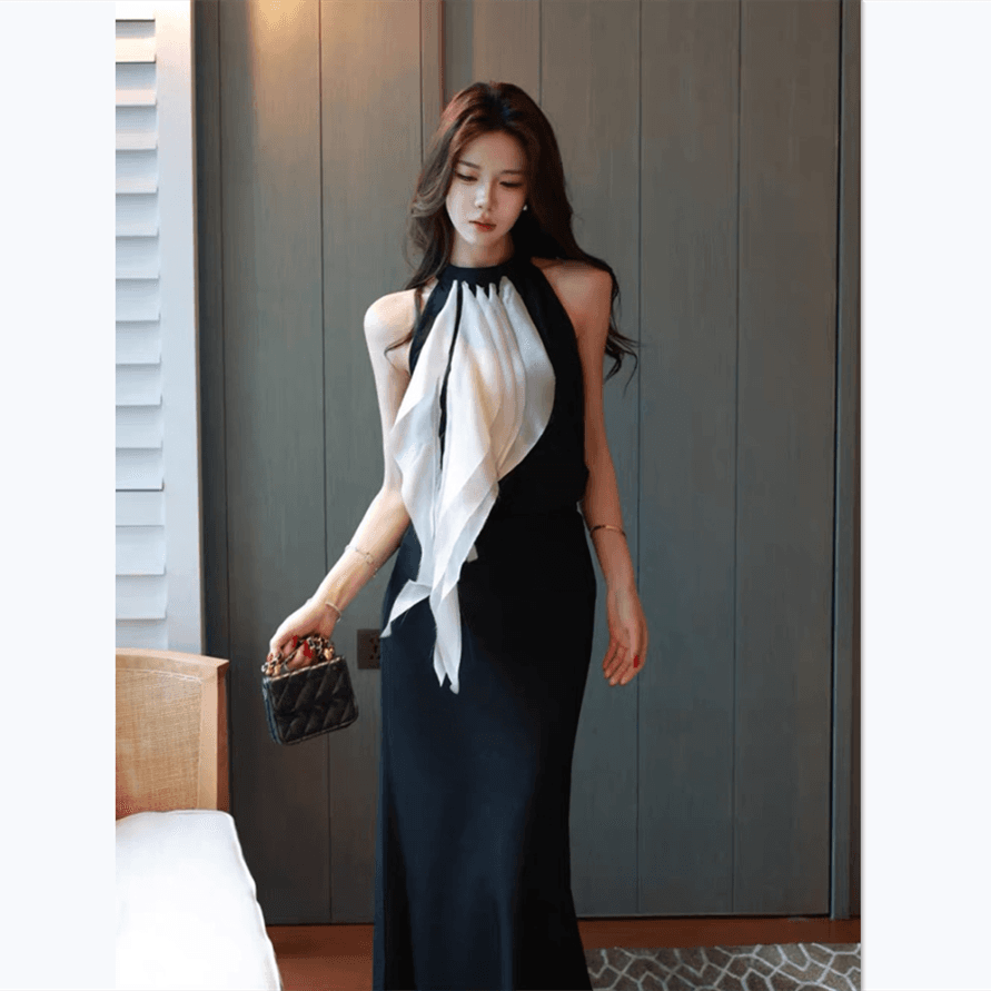 부유 한 가족 천 금빛 바람 세트 여성 여름 명문 여성 품격 배색 리본 행침 목 맨위 인어 꼬리 반신 스커트 전체 집합 이미지 4