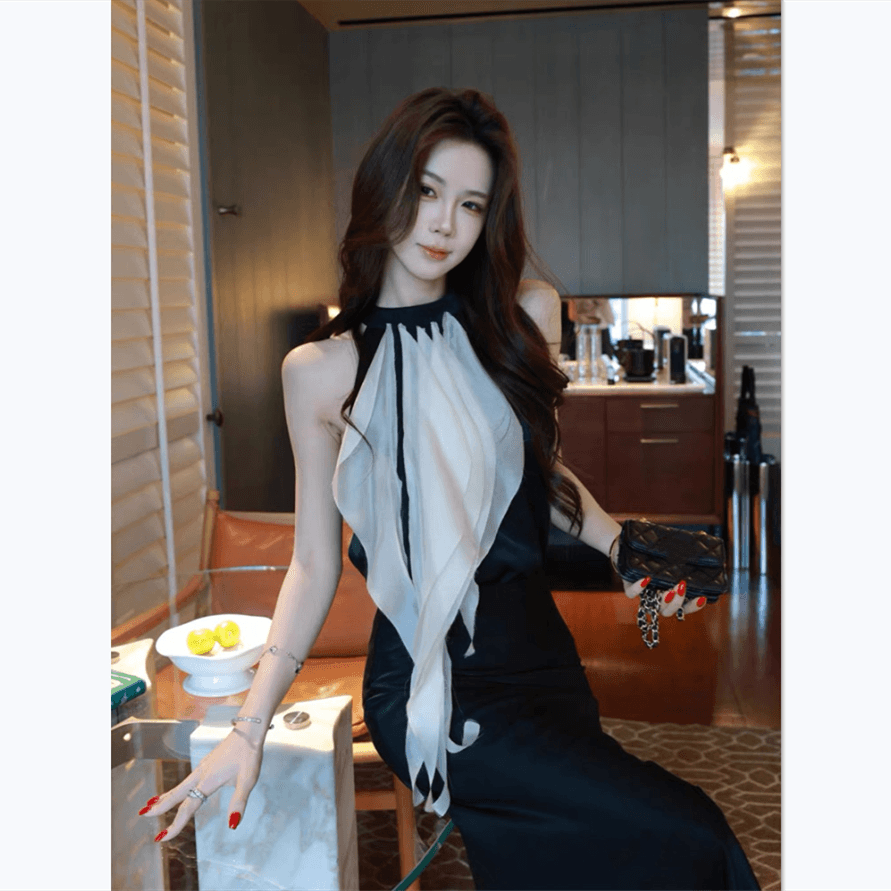 부유 한 가족 천 금빛 바람 세트 여성 여름 명문 여성 품격 배색 리본 행침 목 맨위 인어 꼬리 반신 스커트 전체 집합 이미지 2