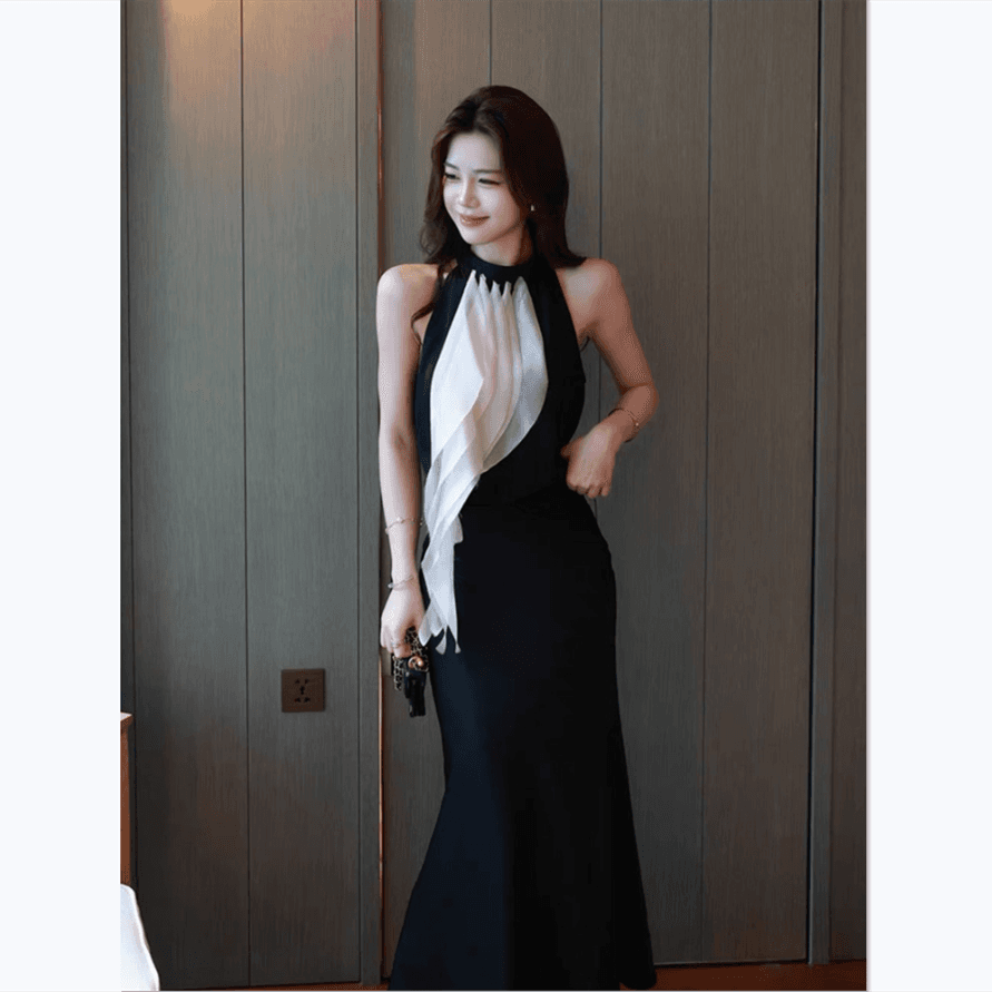 부유 한 가족 천 금빛 바람 세트 여성 여름 명문 여성 품격 배색 리본 행침 목 맨위 인어 꼬리 반신 스커트 전체 집합 이미지 3