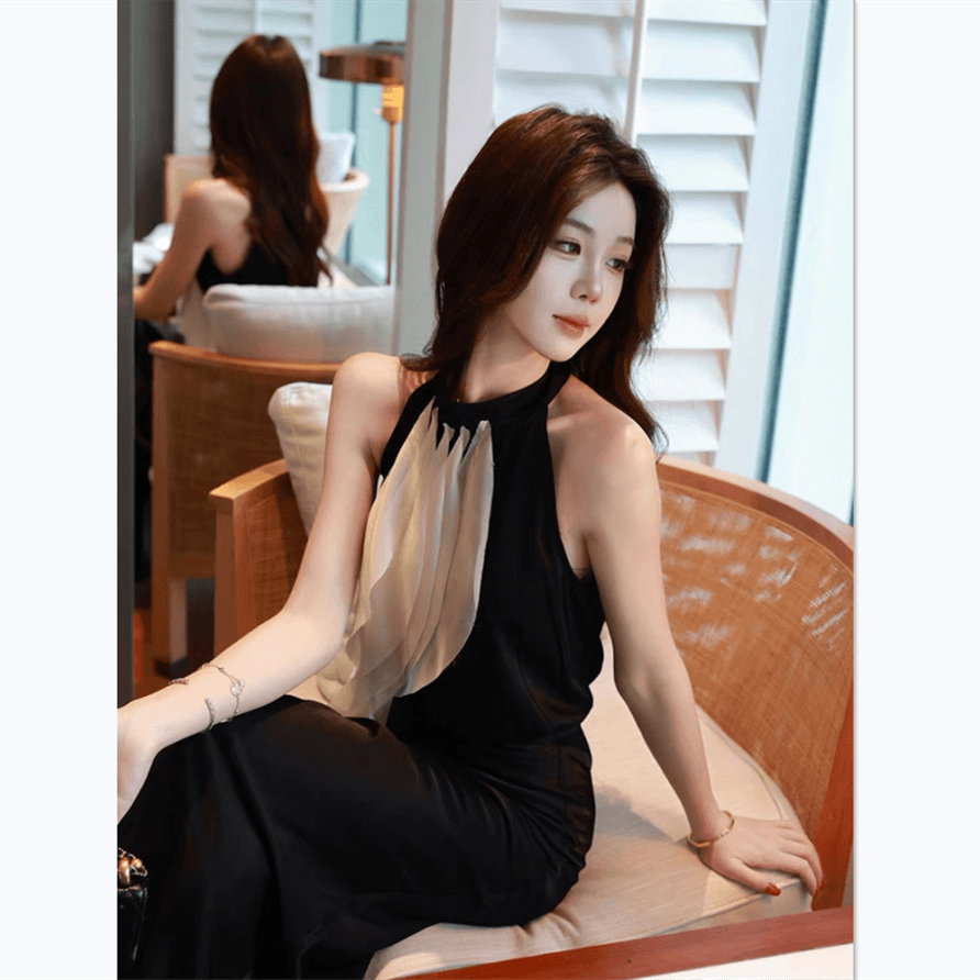 부유 한 가족 천 금빛 바람 세트 여성 여름 명문 여성 품격 배색 리본 행침 목 맨위 인어 꼬리 반신 스커트 전체 집합 이미지 5