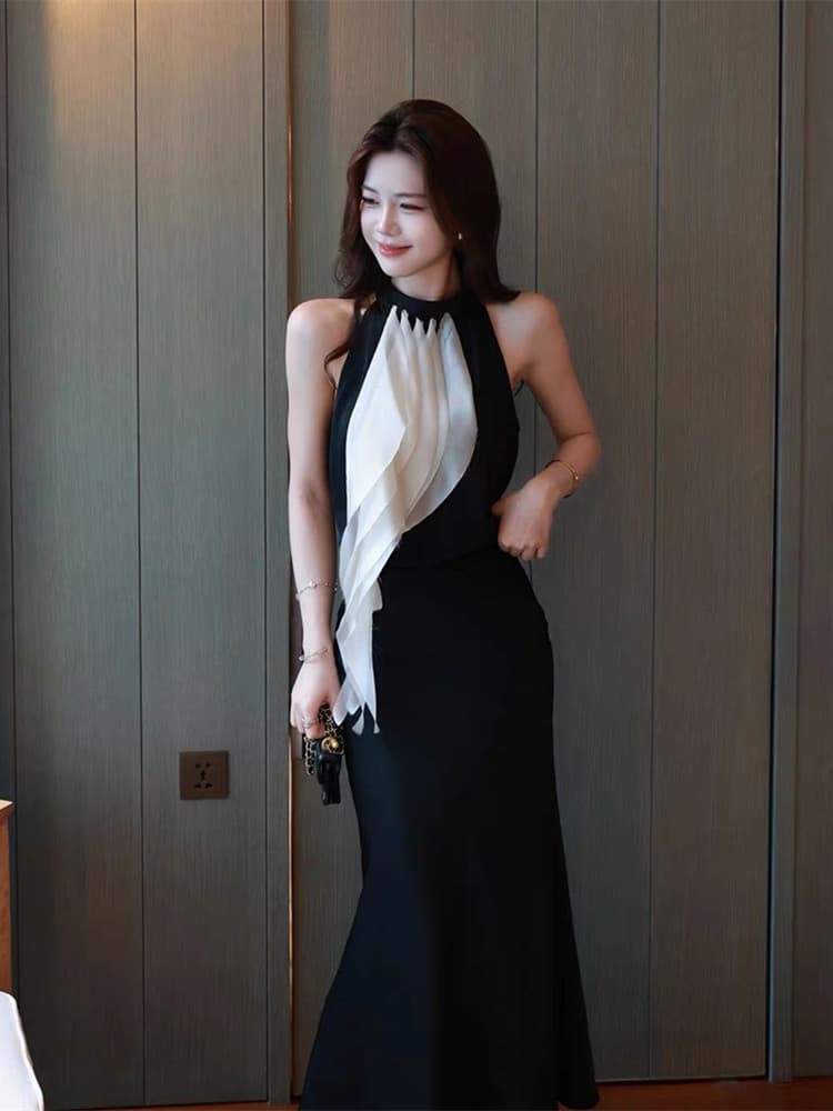 부유 한 가족 천 금빛 바람 세트 여성 여름 명문 여성 품격 배색 리본 행침 목 맨위 인어 꼬리 반신 스커트 전체 집합 상세 이미지 4