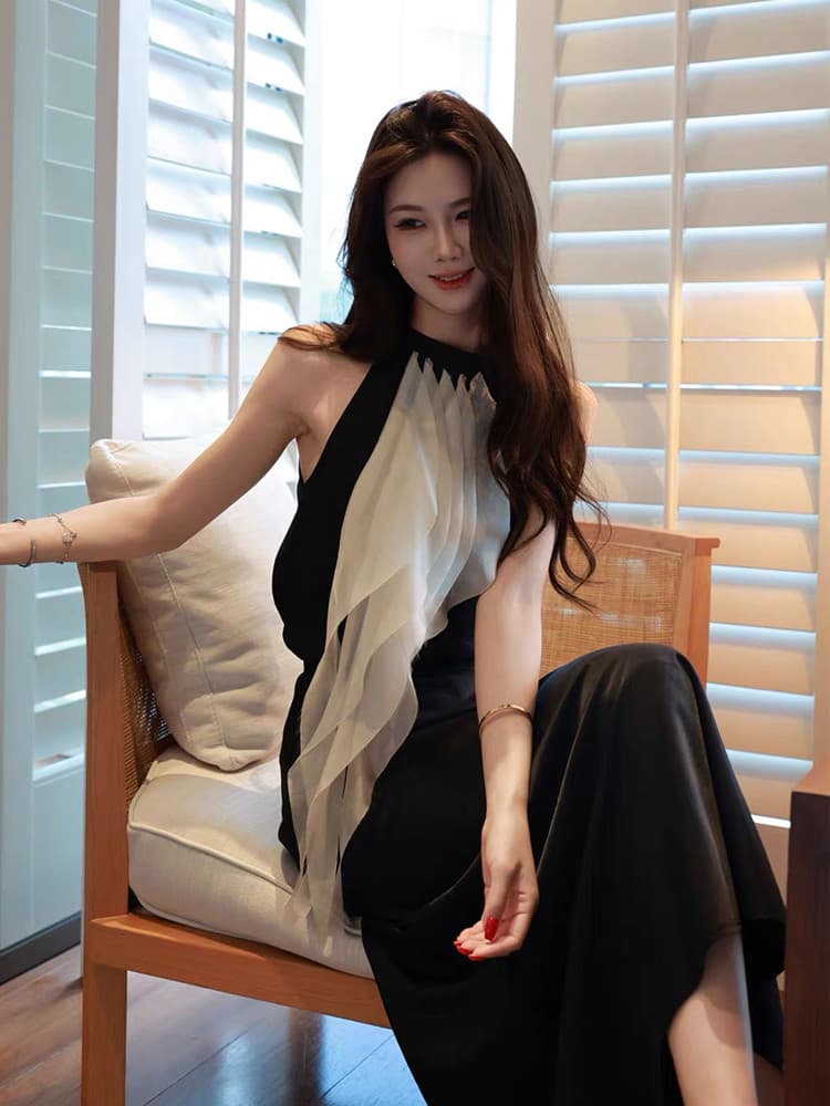부유 한 가족 천 금빛 바람 세트 여성 여름 명문 여성 품격 배색 리본 행침 목 맨위 인어 꼬리 반신 스커트 전체 집합 상세 이미지 6