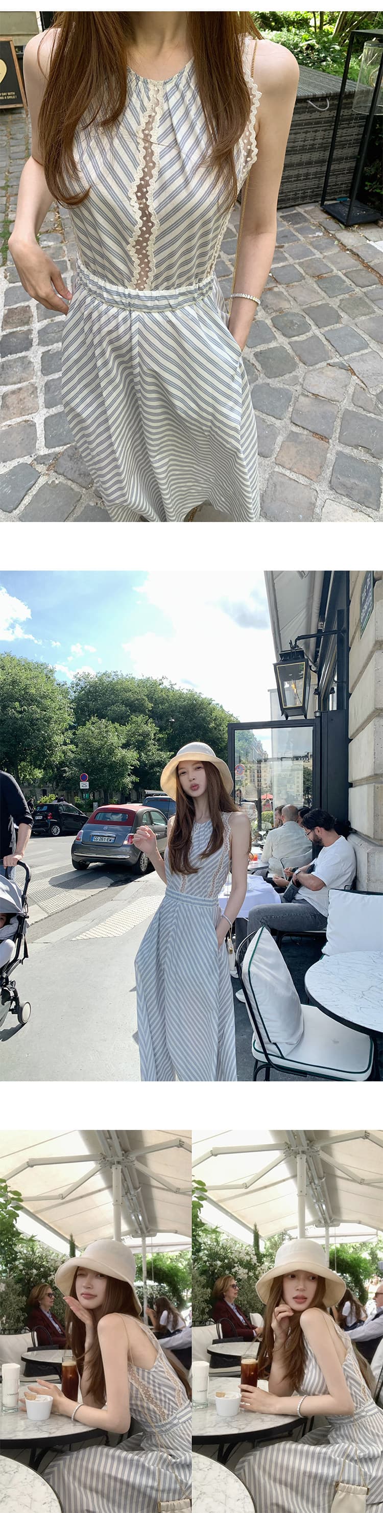 madofit Madou summer 한여름 맑은 바다 빛 사람들 산소 센스 레이스 조각 스트라이프 민소매 드레스 상세 이미지 3