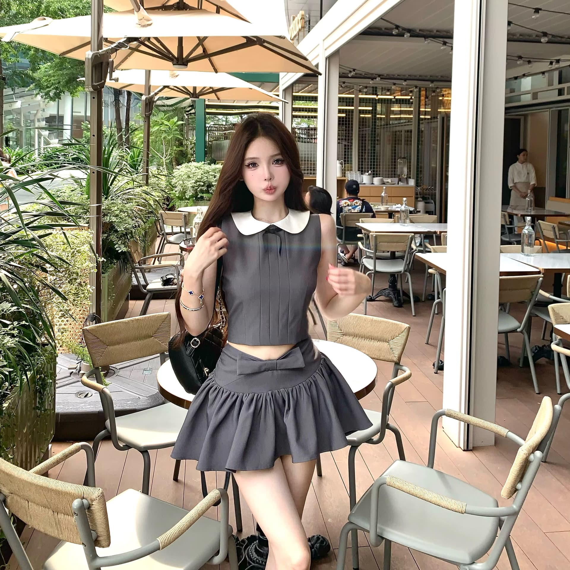 한 여성 주간 접시 나비 매듭 베이비 칼라 민소매 맨위 주름 미니 스커트 세트 2026 새로운 투피스 세트 이미지 6