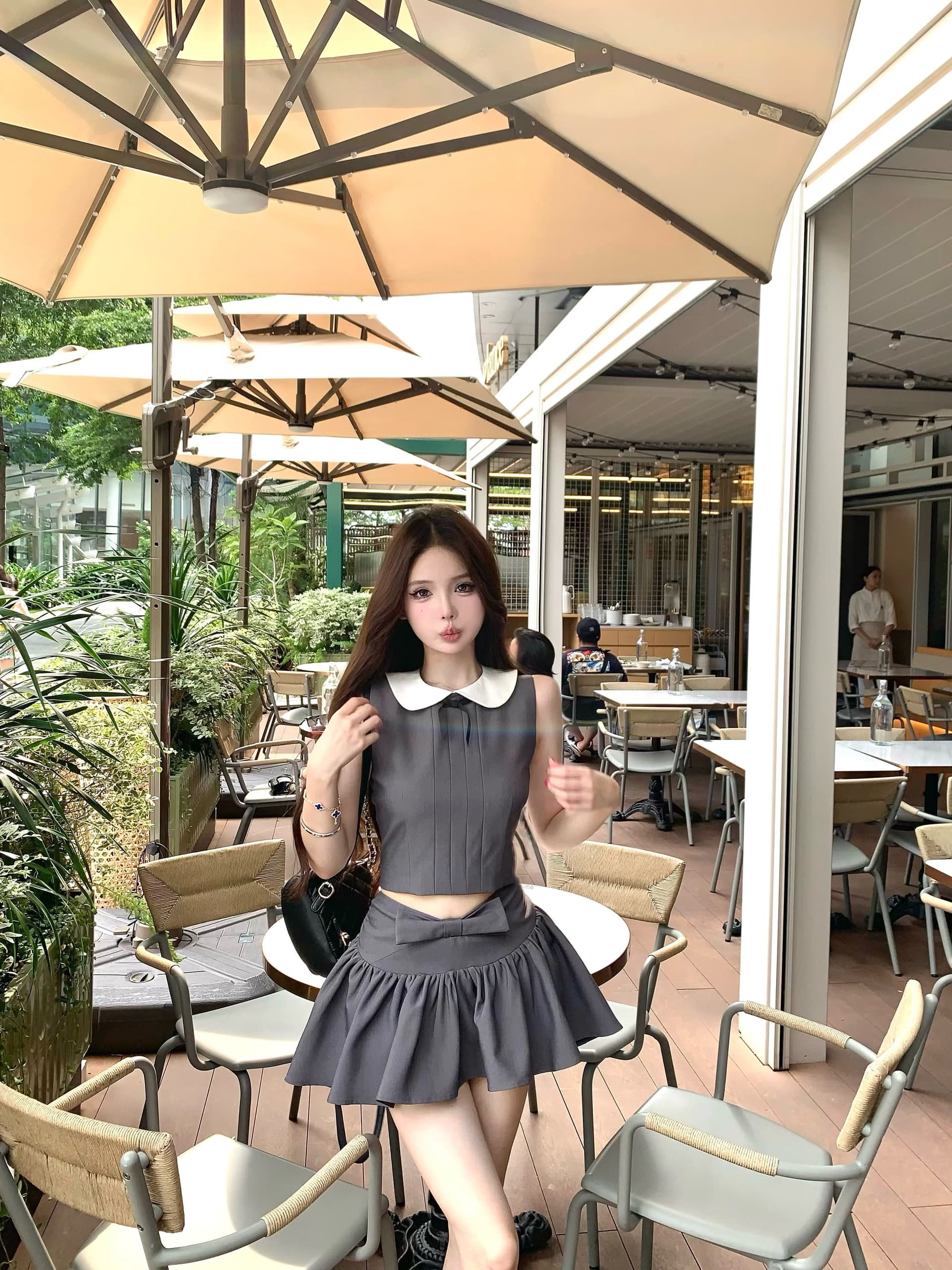 한 여성 주간 접시 나비 매듭 베이비 칼라 민소매 맨위 주름 미니 스커트 세트 2026 새로운 투피스 세트 상세 이미지 7