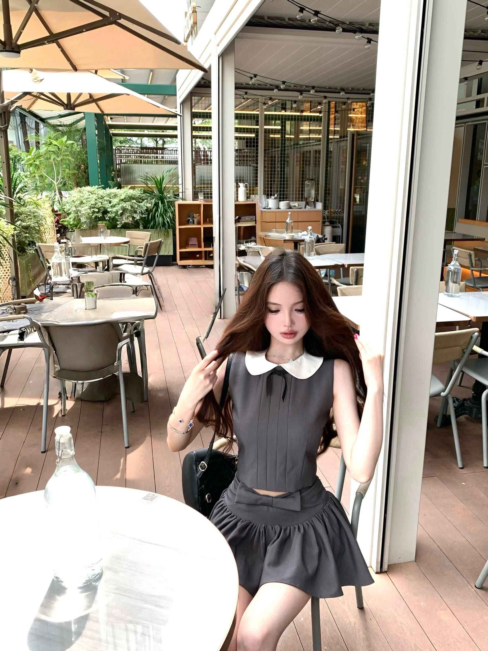 한 여성 주간 접시 나비 매듭 베이비 칼라 민소매 맨위 주름 미니 스커트 세트 2026 새로운 투피스 세트 상세 이미지 8