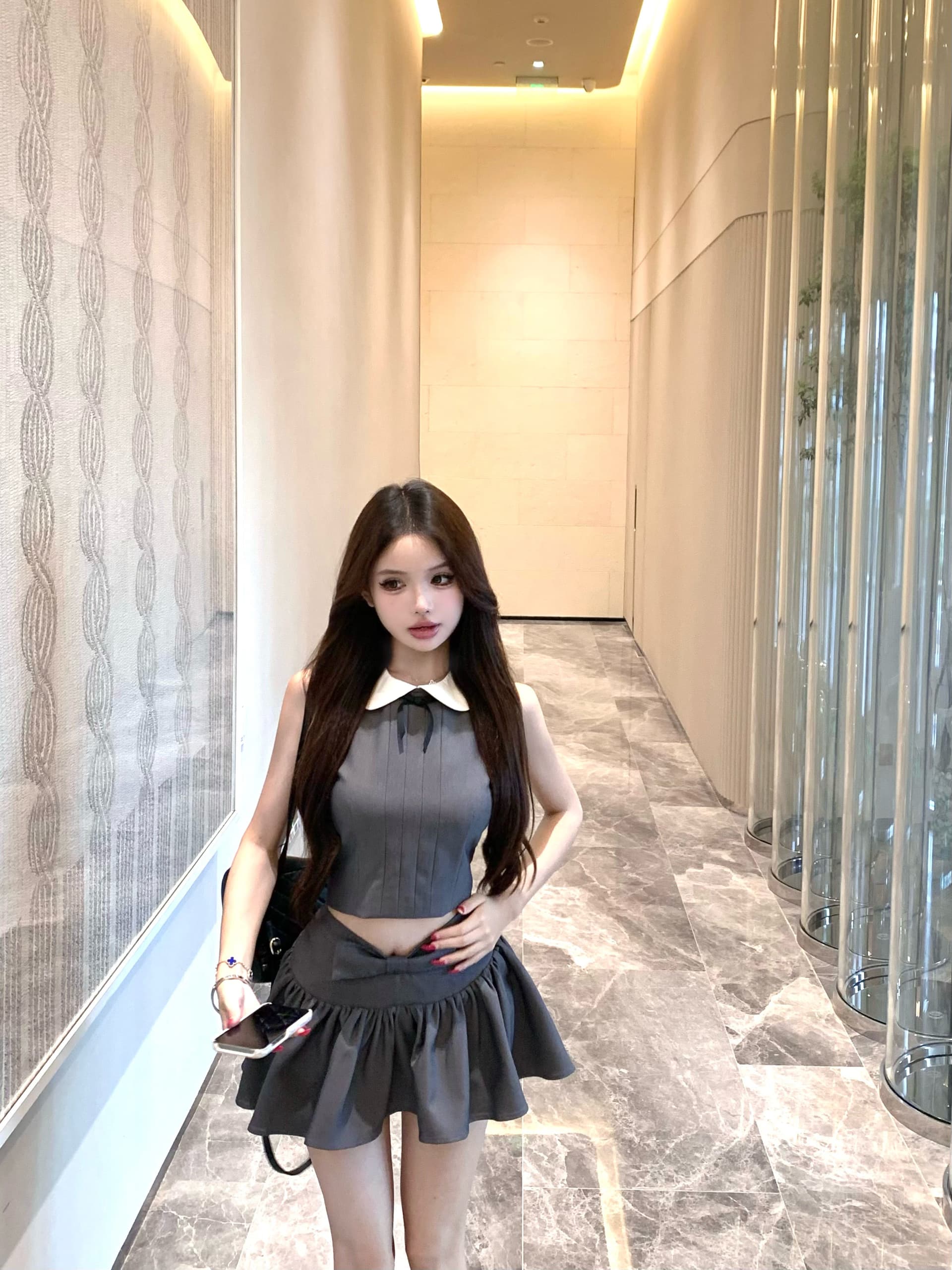 한 여성 주간 접시 나비 매듭 베이비 칼라 민소매 맨위 주름 미니 스커트 세트 2026 새로운 투피스 세트 상세 이미지 9