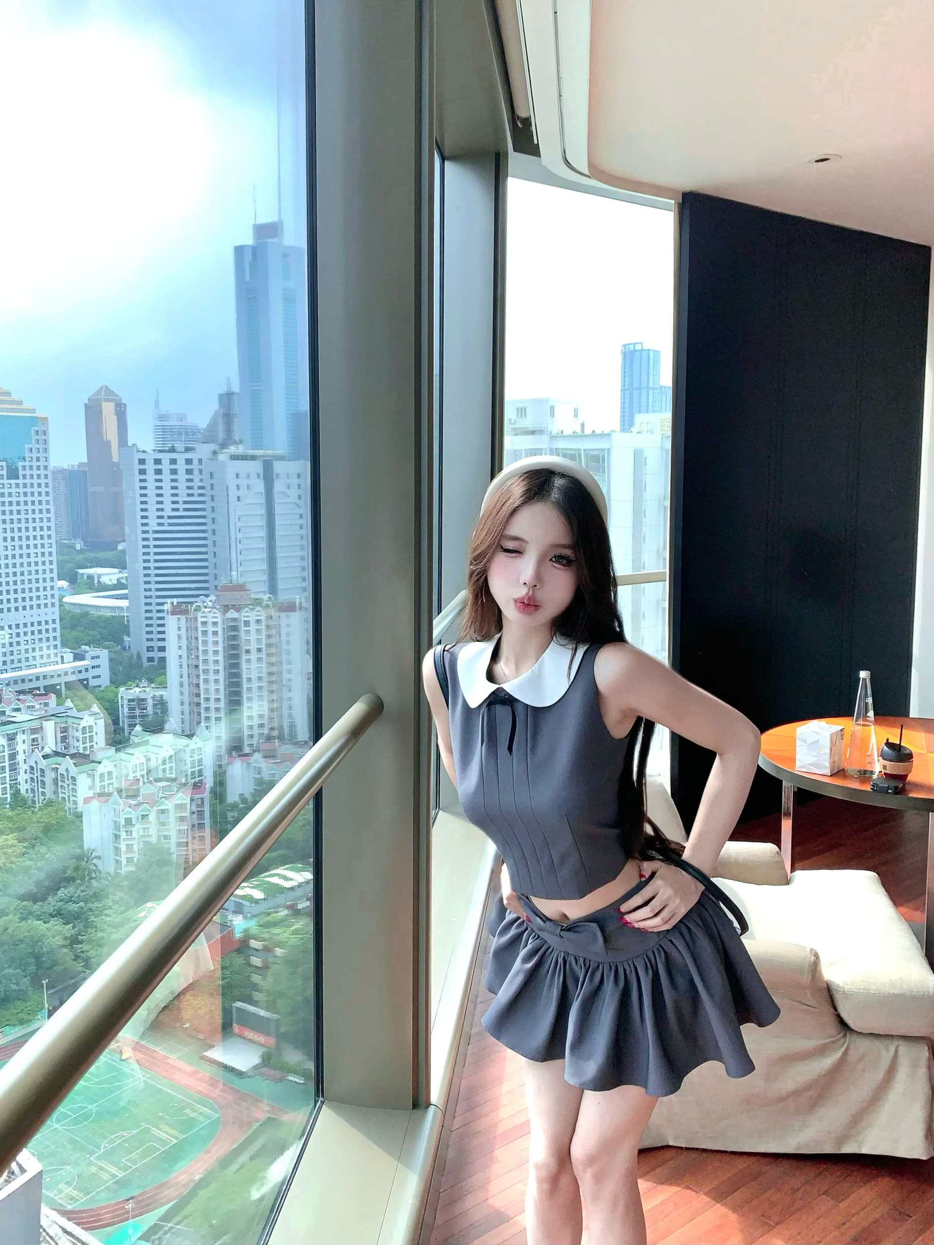 한 여성 주간 접시 나비 매듭 베이비 칼라 민소매 맨위 주름 미니 스커트 세트 2026 새로운 투피스 세트 상세 이미지 10