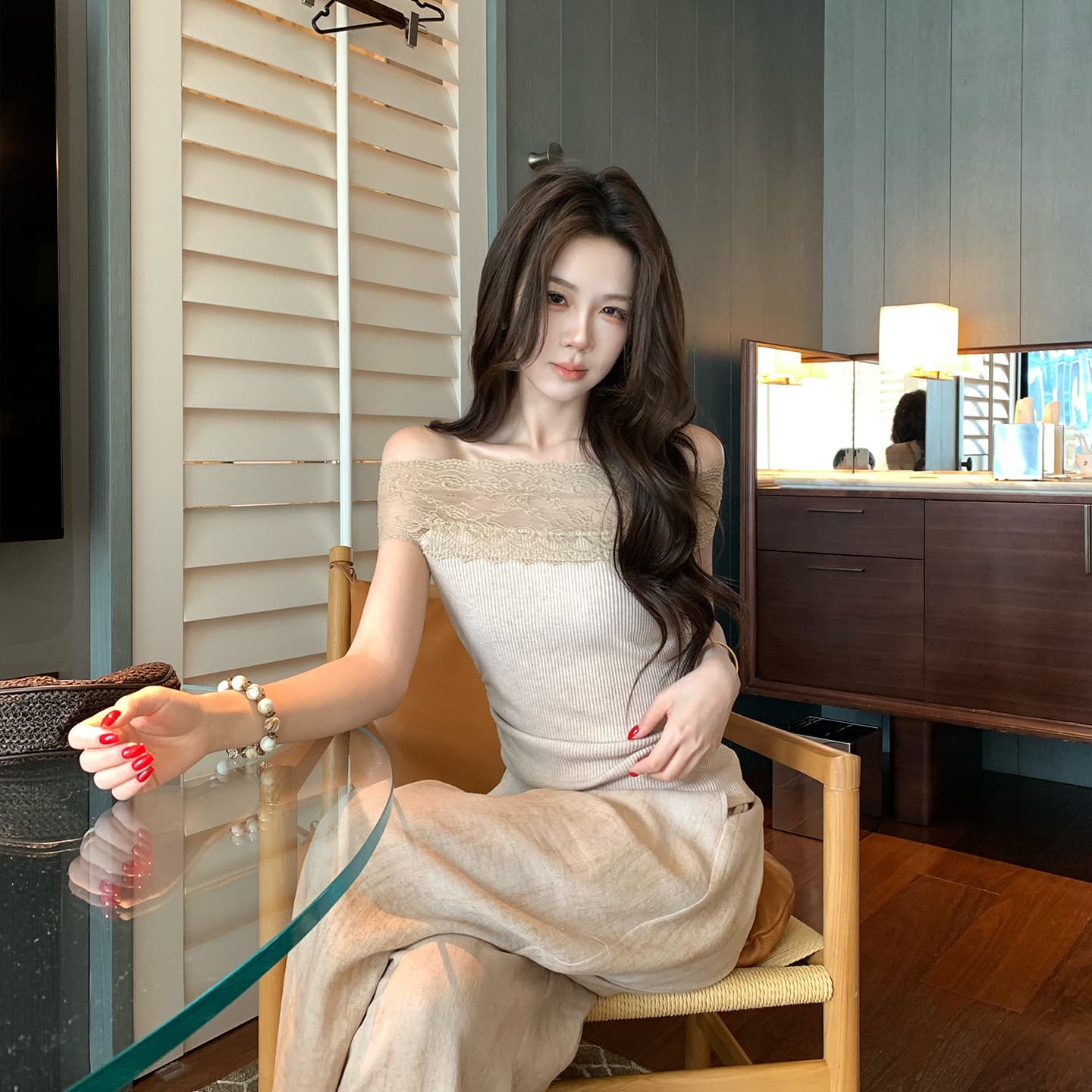 무쯔리 목자이 ~ 중 리 부드러운 순수한 욕망 바람 보트넥 레이스 레이스 주름 허리 수축 니트 맨위 와이드 레그 팬츠 세트 이미지 5