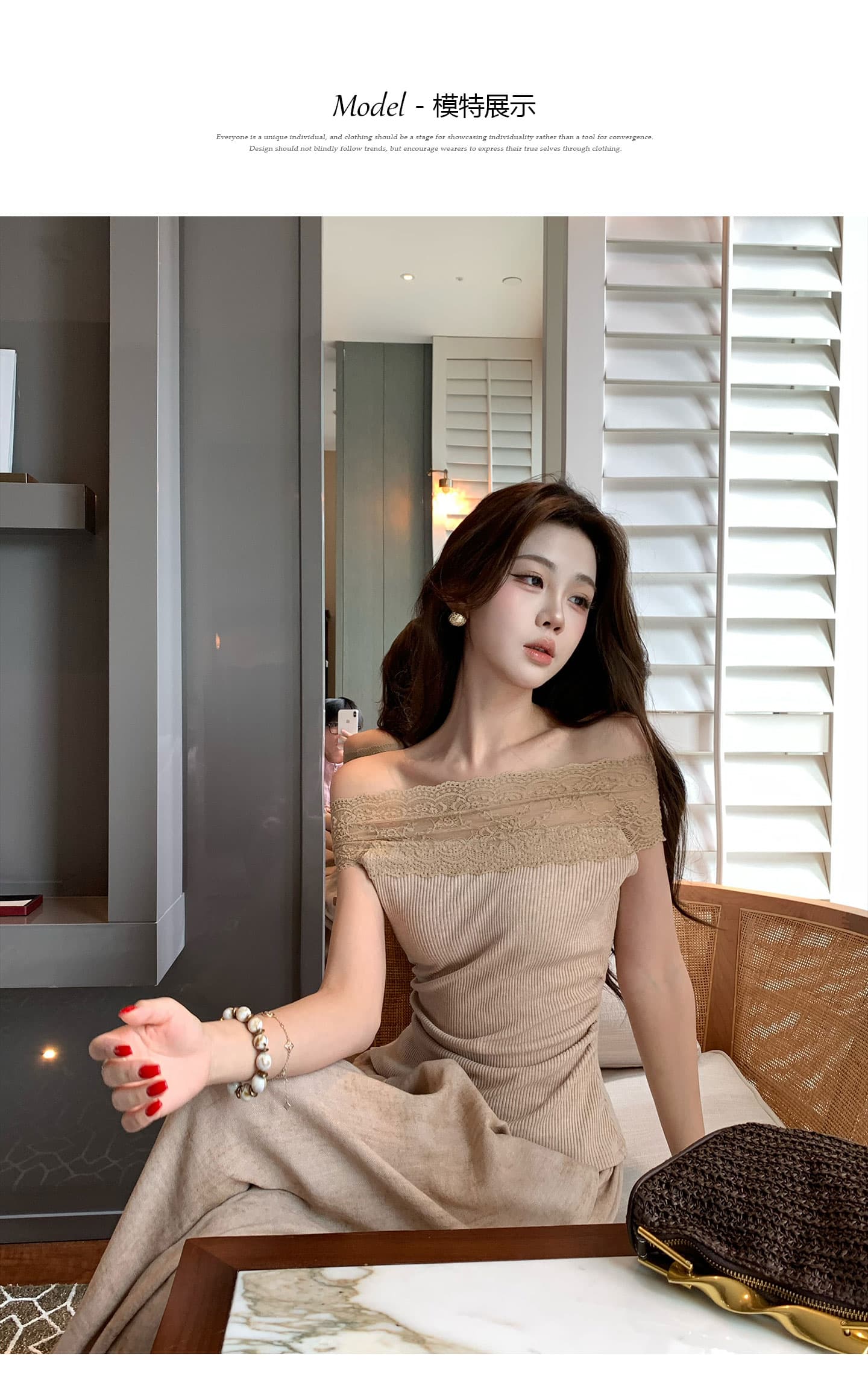 무쯔리 목자이 ~ 중 리 부드러운 순수한 욕망 바람 보트넥 레이스 레이스 주름 허리 수축 니트 맨위 와이드 레그 팬츠 세트 상세 이미지 3