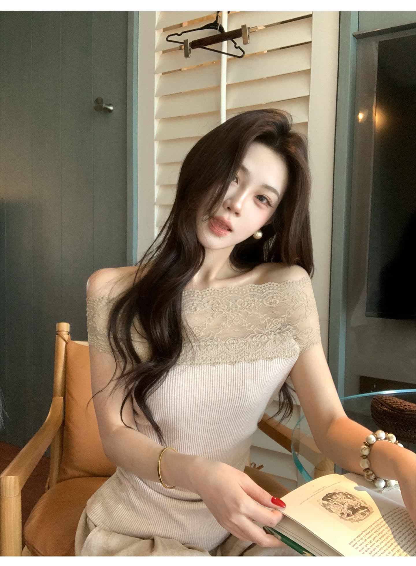 무쯔리 목자이 ~ 중 리 부드러운 순수한 욕망 바람 보트넥 레이스 레이스 주름 허리 수축 니트 맨위 와이드 레그 팬츠 세트 상세 이미지 8