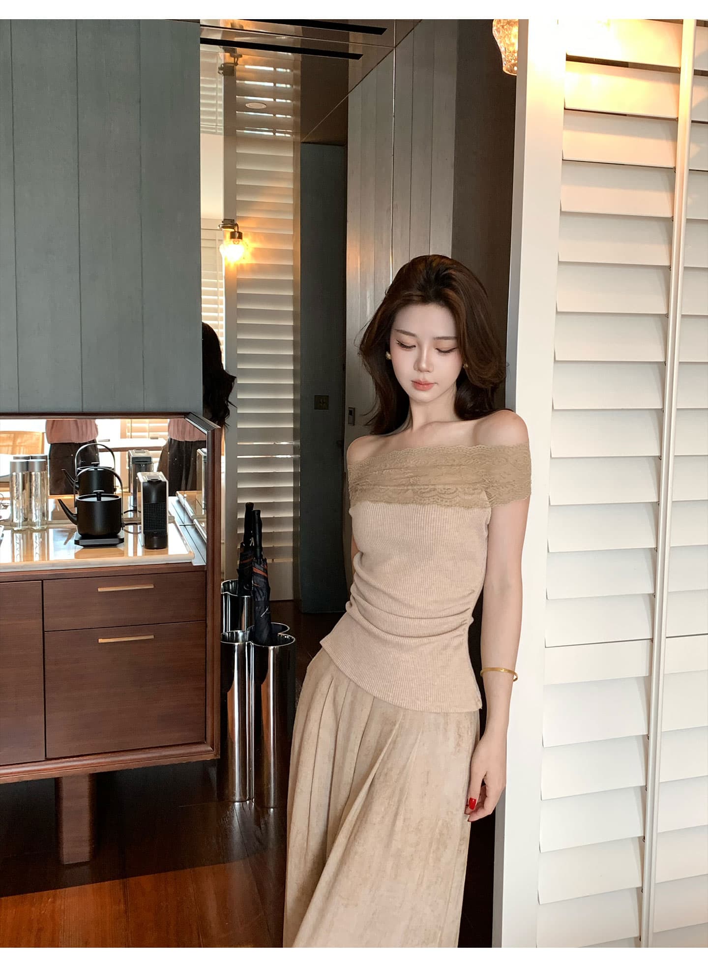무쯔리 목자이 ~ 중 리 부드러운 순수한 욕망 바람 보트넥 레이스 레이스 주름 허리 수축 니트 맨위 와이드 레그 팬츠 세트 상세 이미지 9