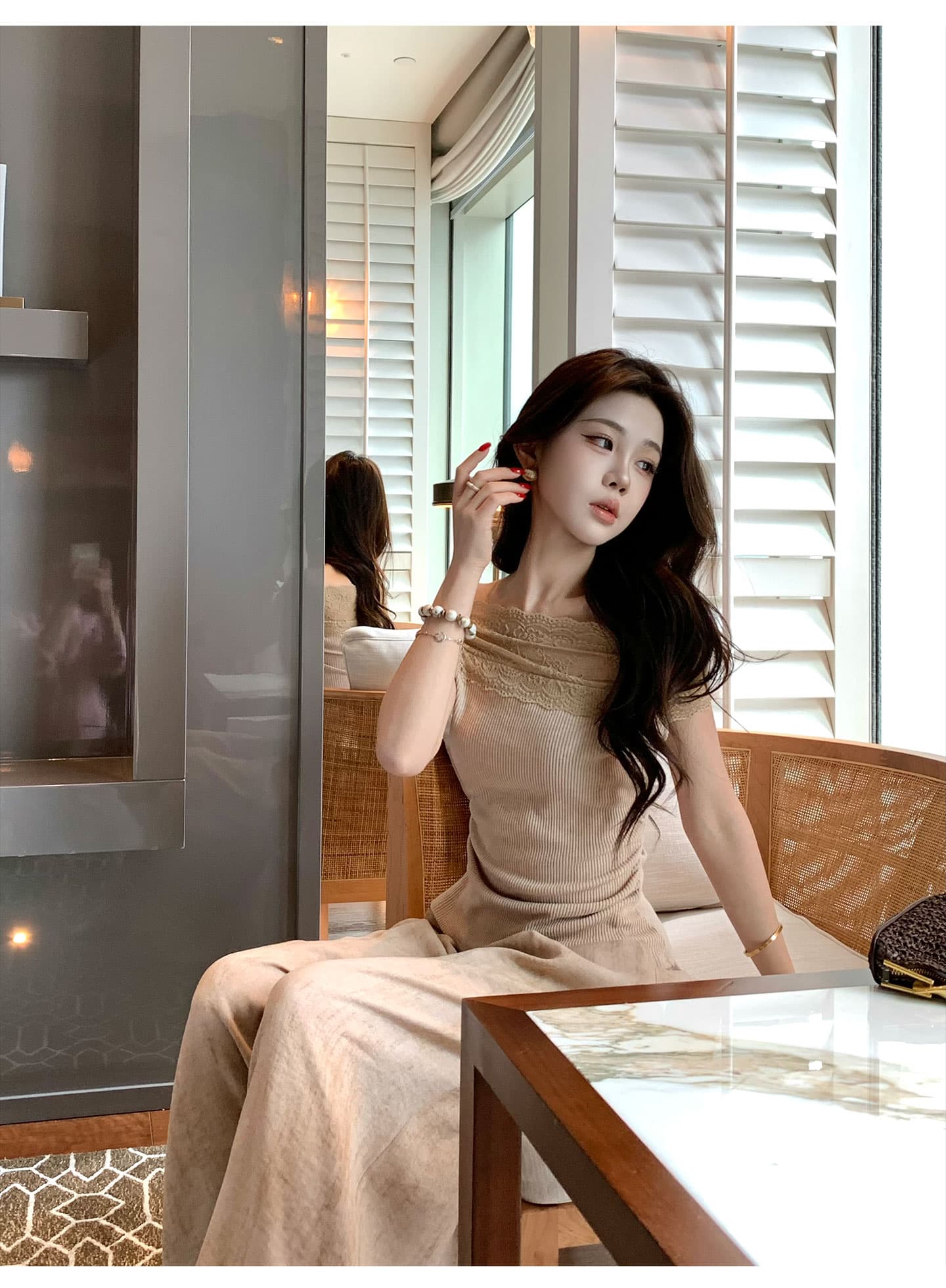 무쯔리 목자이 ~ 중 리 부드러운 순수한 욕망 바람 보트넥 레이스 레이스 주름 허리 수축 니트 맨위 와이드 레그 팬츠 세트 상세 이미지 13