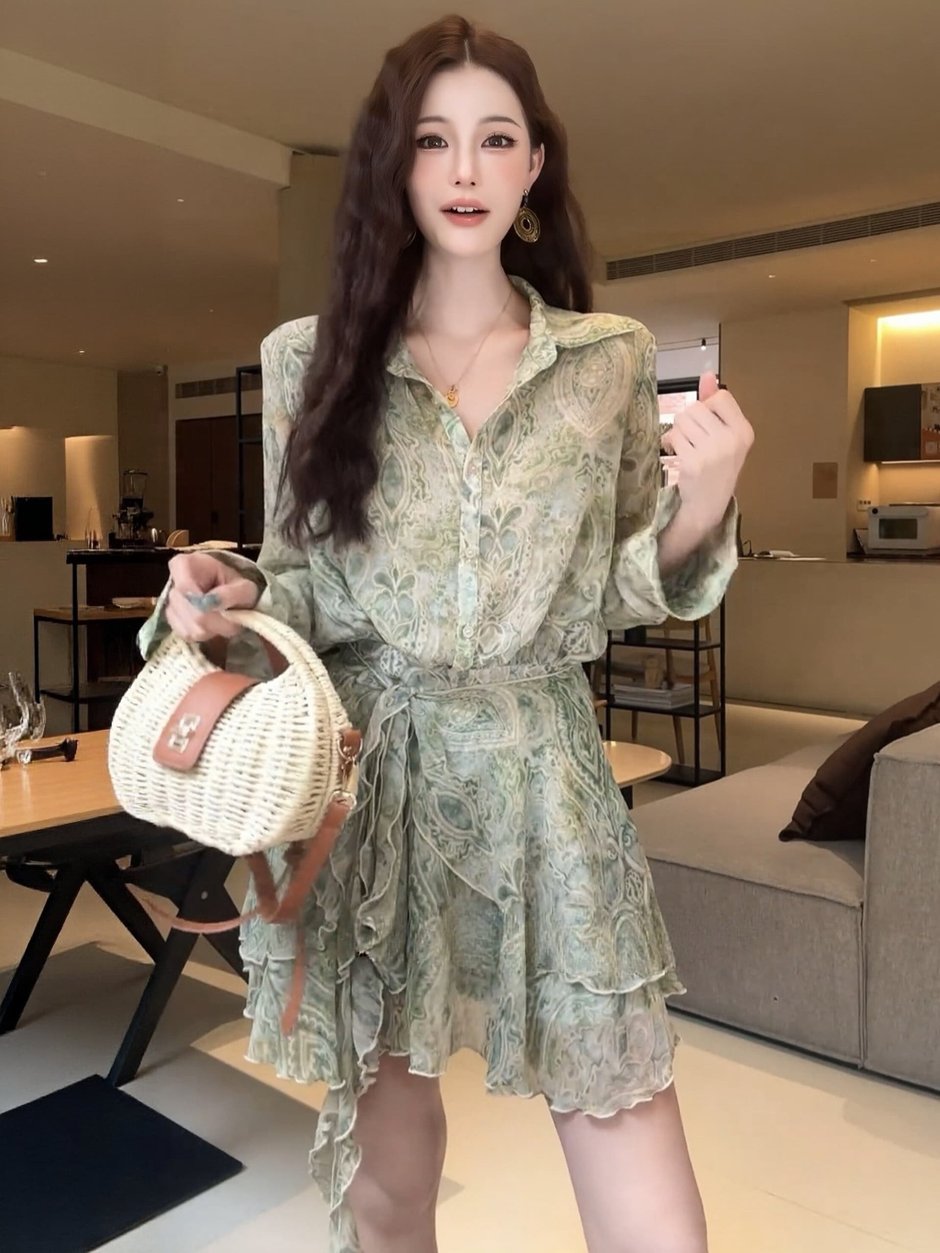 프랑스식 레트로 스타일 캐슈 꽃 페이크 레이어드 여성 드레스 여름 로얄 자매 품격 레이스업 허리 수축 슬림해 보이는 셔츠 드레스 상세 이미지 13