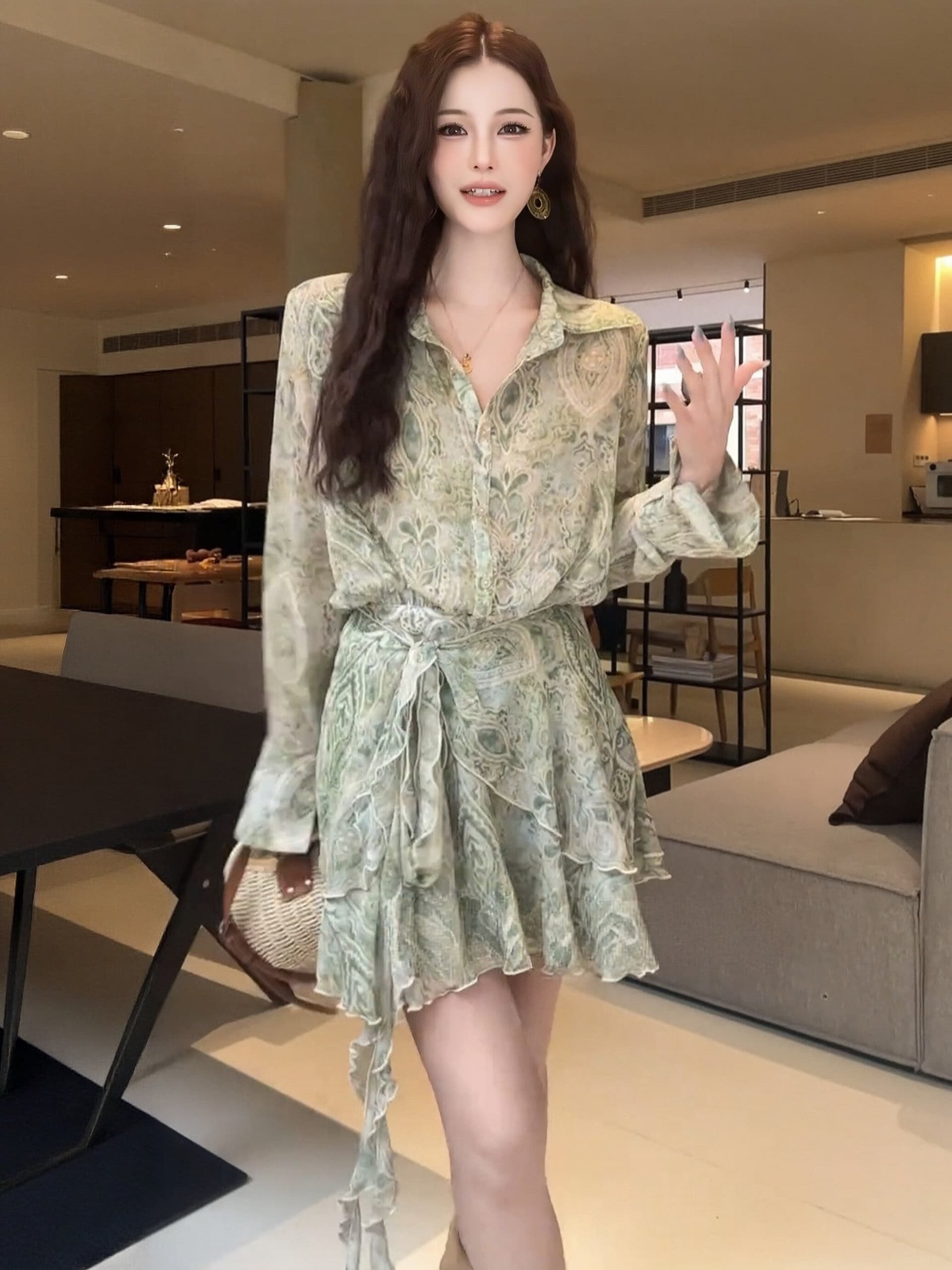 프랑스식 레트로 스타일 캐슈 꽃 페이크 레이어드 여성 드레스 여름 로얄 자매 품격 레이스업 허리 수축 슬림해 보이는 셔츠 드레스 상세 이미지 14