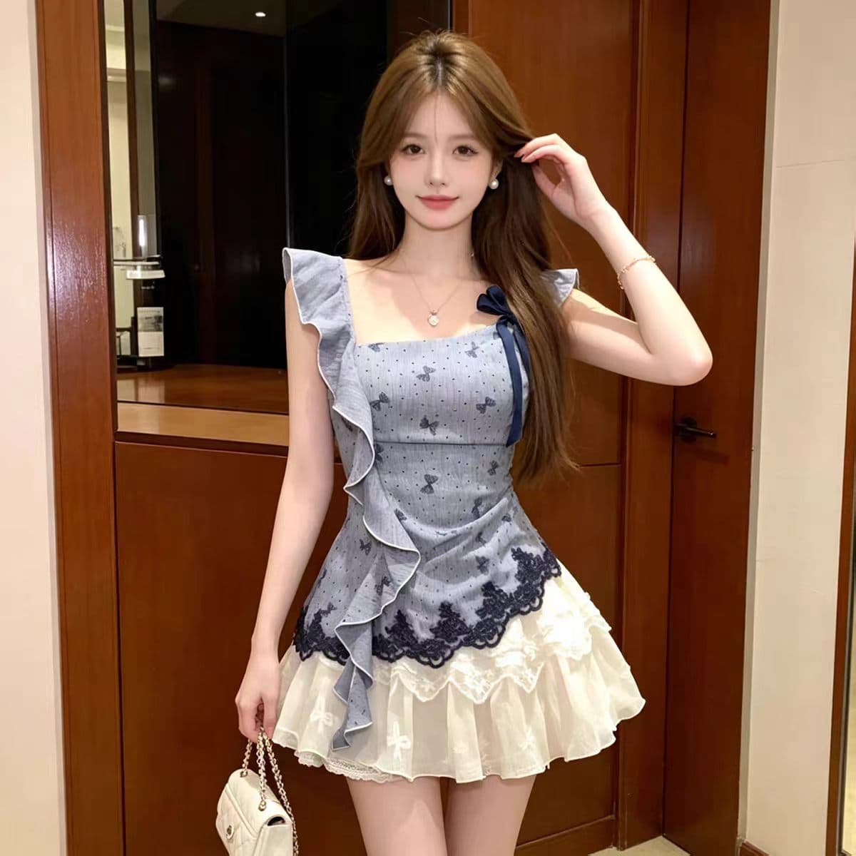몸매 가꾸기 슬림해 보이는 불규칙 슬립 맨위 여성 여름 고유 한 아름다운 작은 키 짧은 치마 순수한 욕망 달콤한 자매 세트 상세 이미지 11