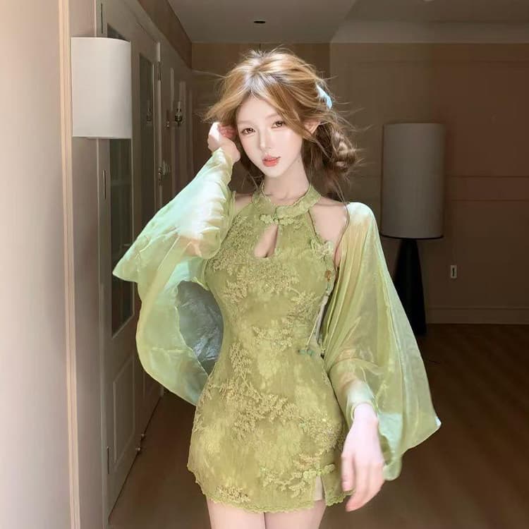 syj 슈 의류 홈 새로운 중식 국풍 녹색 행침 목 자카드 여성 드레스 여름 몸매 가꾸기 품격 타이트 스커트 미니 스커트 이미지 2