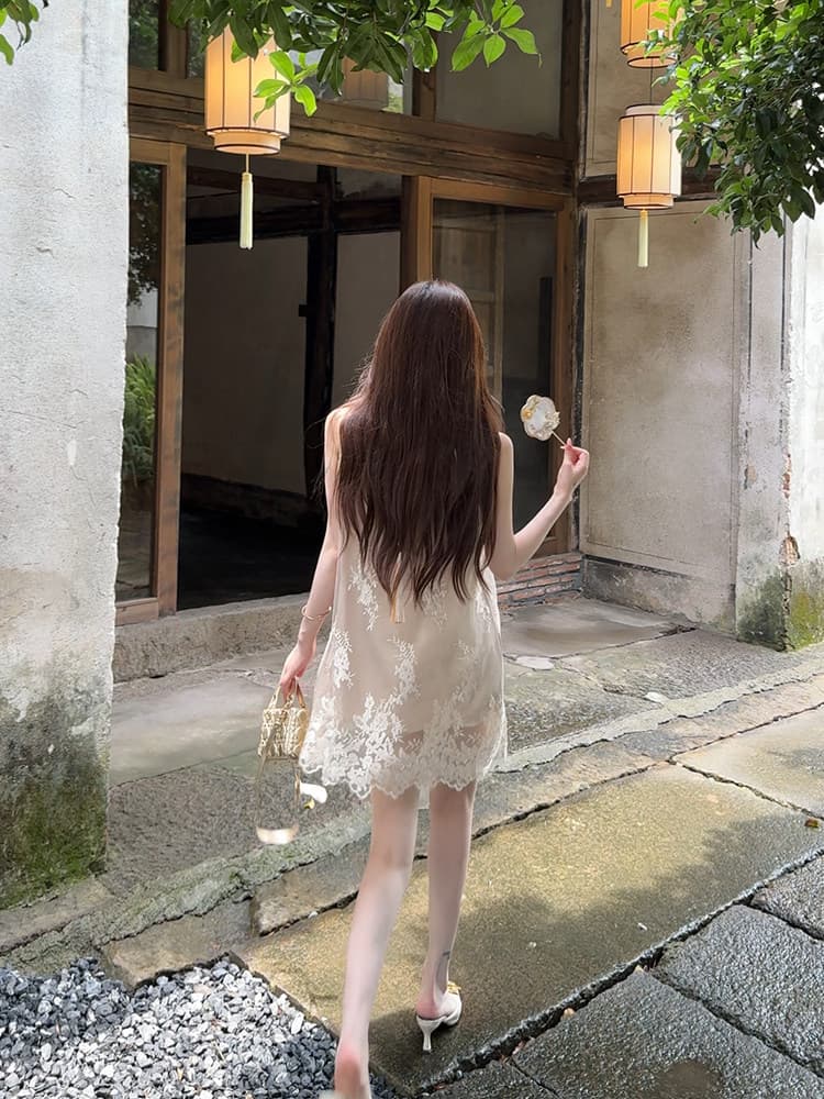 비 자매 국풍 공단 라임 패션 레이스 공단 센스 국풍 여성 드레스 레트로 우아함 2026 여름 섹션 이미지 4