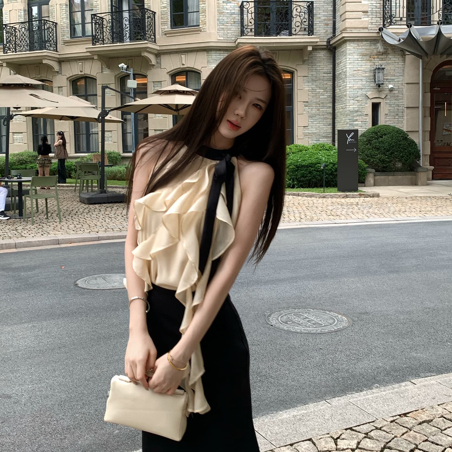 무쯔리 목자이 ~ 중 리 부드러운 빛 요리 한 바람 민소매 행침 목 프릴 쇼트 스타일 맨위 하이웨이스트 새틴 반신 치마 세트 이미지 5