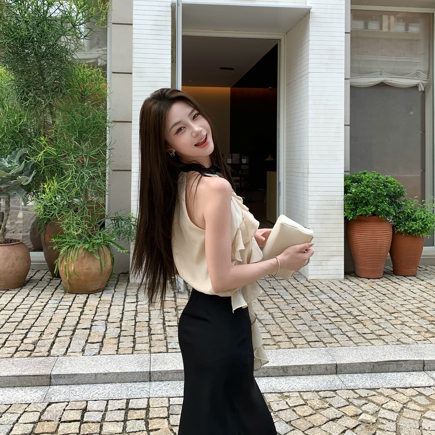 무쯔리 목자이 ~ 중 리 부드러운 빛 요리 한 바람 민소매 행침 목 프릴 쇼트 스타일 맨위 하이웨이스트 새틴 반신 치마 세트 이미지 4