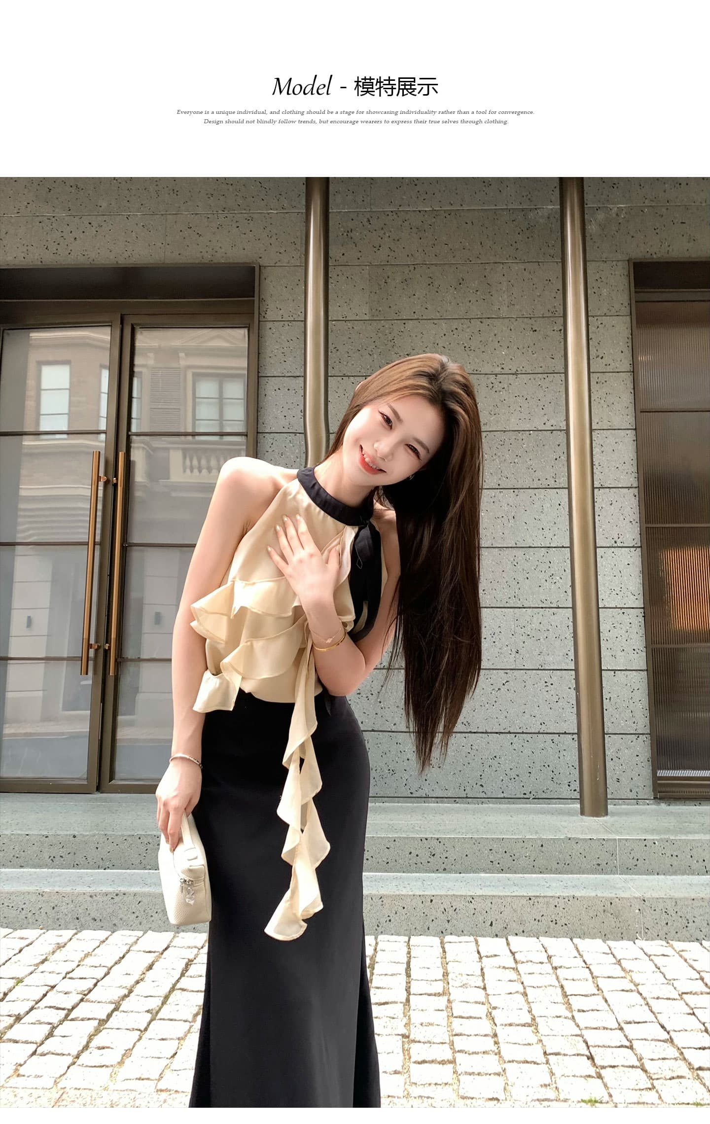 무쯔리 목자이 ~ 중 리 부드러운 빛 요리 한 바람 민소매 행침 목 프릴 쇼트 스타일 맨위 하이웨이스트 새틴 반신 치마 세트 상세 이미지 2