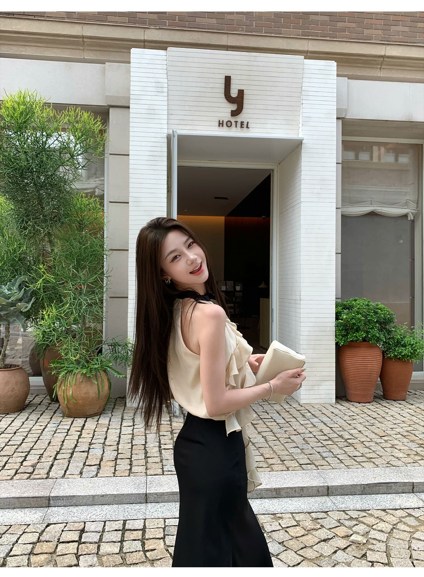무쯔리 목자이 ~ 중 리 부드러운 빛 요리 한 바람 민소매 행침 목 프릴 쇼트 스타일 맨위 하이웨이스트 새틴 반신 치마 세트 상세 이미지 5