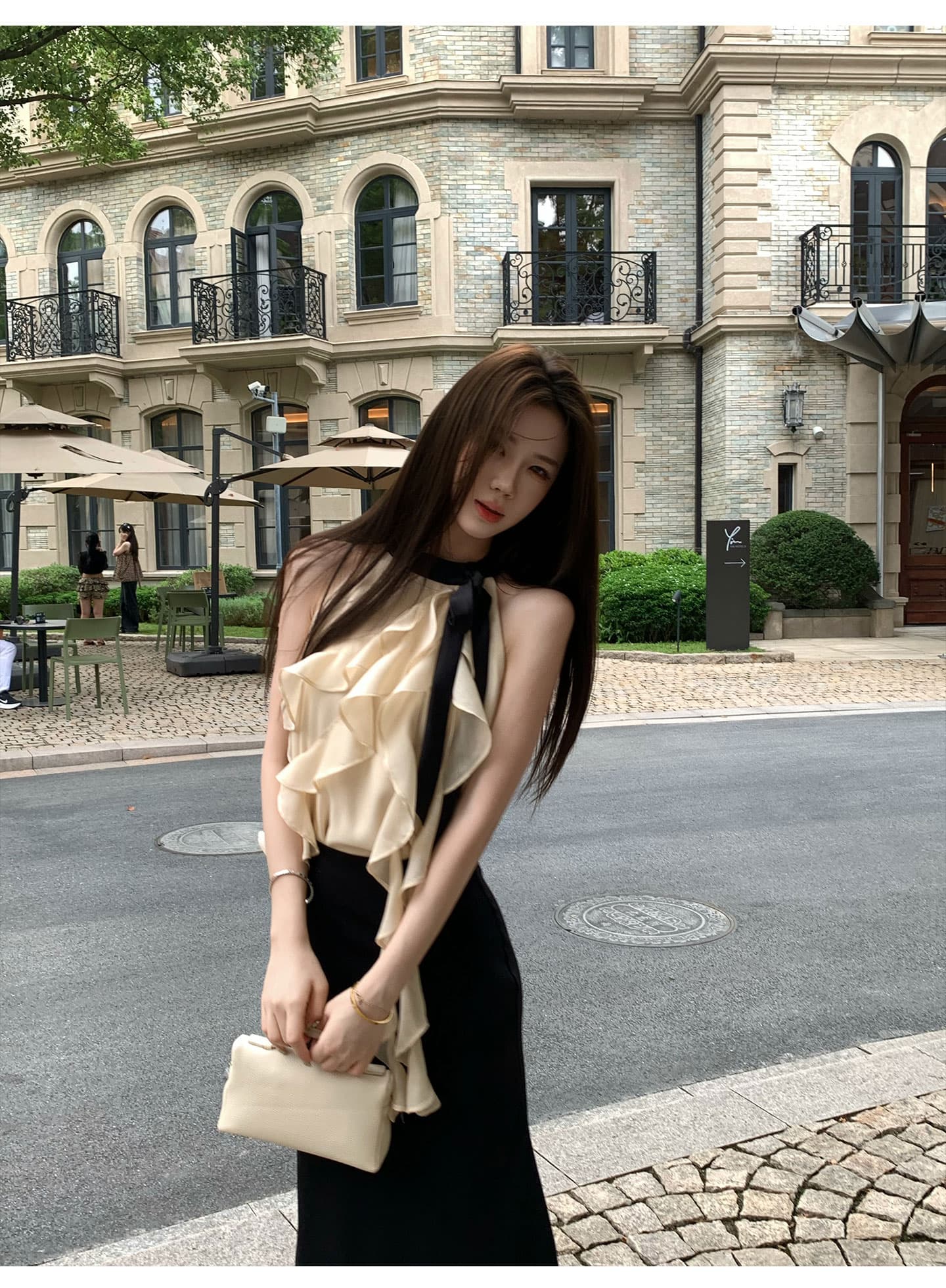 무쯔리 목자이 ~ 중 리 부드러운 빛 요리 한 바람 민소매 행침 목 프릴 쇼트 스타일 맨위 하이웨이스트 새틴 반신 치마 세트 상세 이미지 6