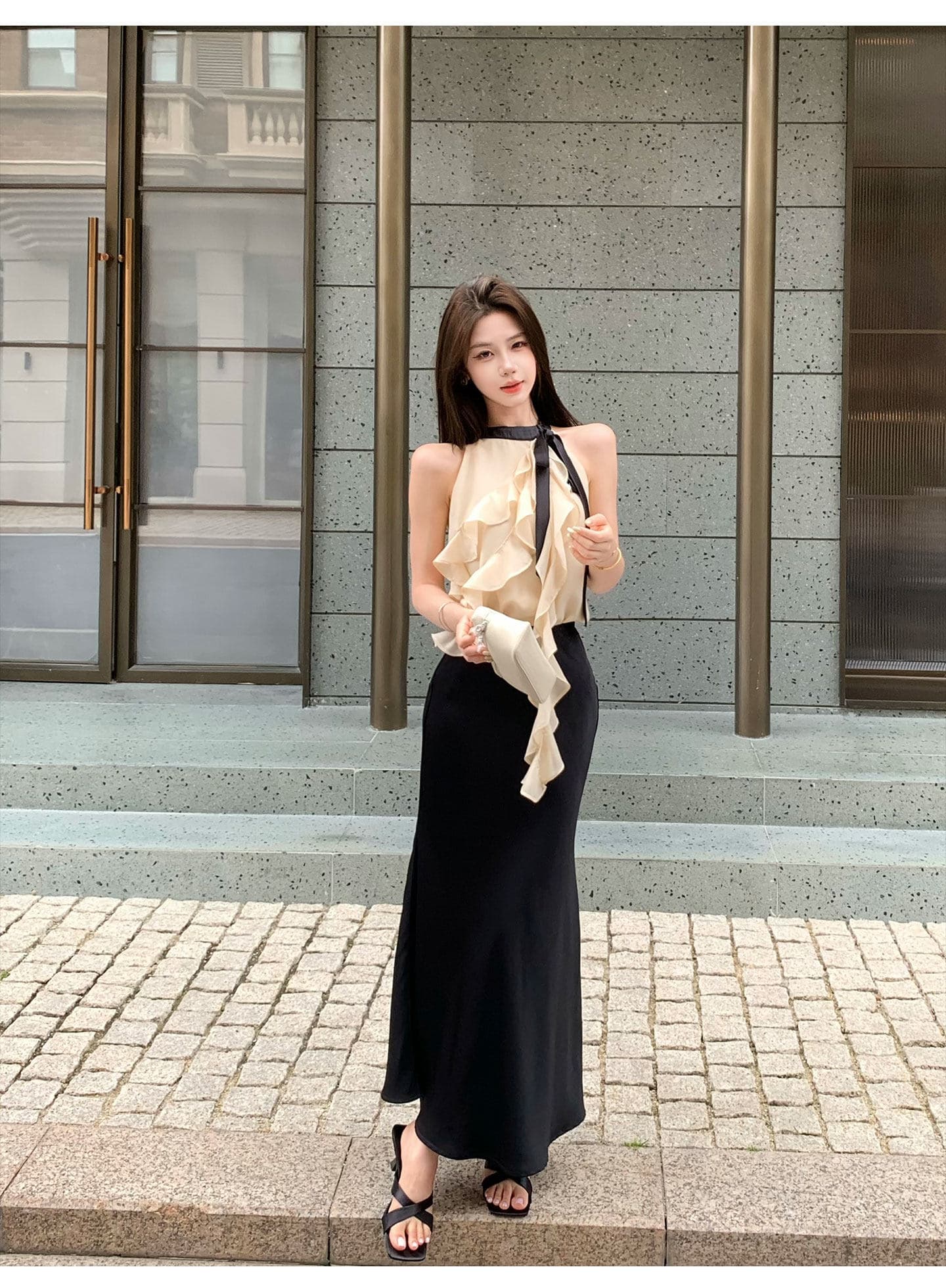 무쯔리 목자이 ~ 중 리 부드러운 빛 요리 한 바람 민소매 행침 목 프릴 쇼트 스타일 맨위 하이웨이스트 새틴 반신 치마 세트 상세 이미지 9
