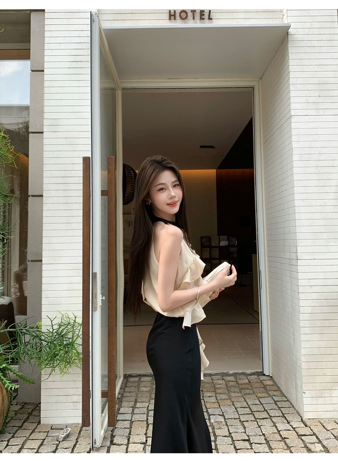 무쯔리 목자이 ~ 중 리 부드러운 빛 요리 한 바람 민소매 행침 목 프릴 쇼트 스타일 맨위 하이웨이스트 새틴 반신 치마 세트 상세 이미지 10