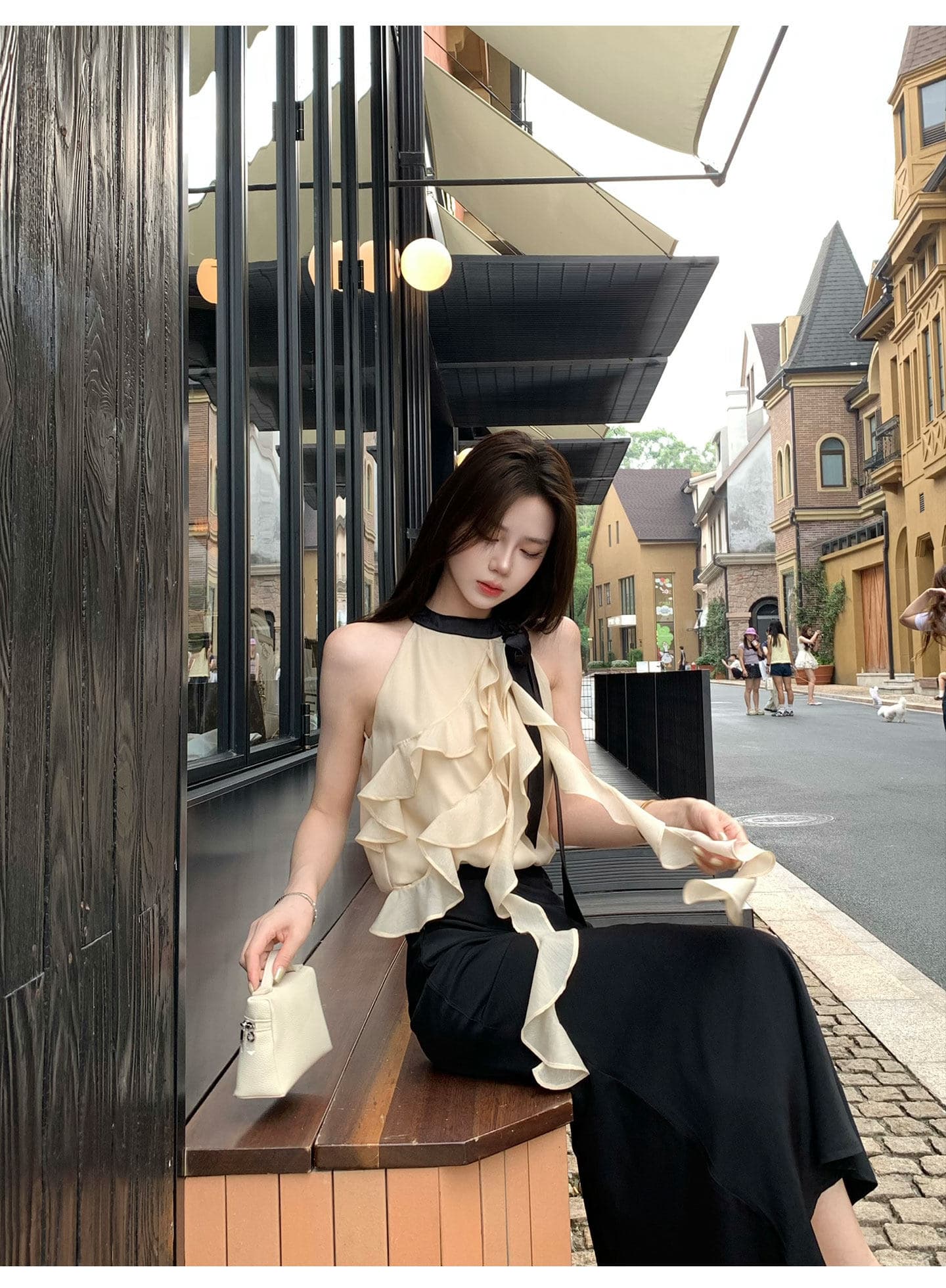 무쯔리 목자이 ~ 중 리 부드러운 빛 요리 한 바람 민소매 행침 목 프릴 쇼트 스타일 맨위 하이웨이스트 새틴 반신 치마 세트 상세 이미지 11