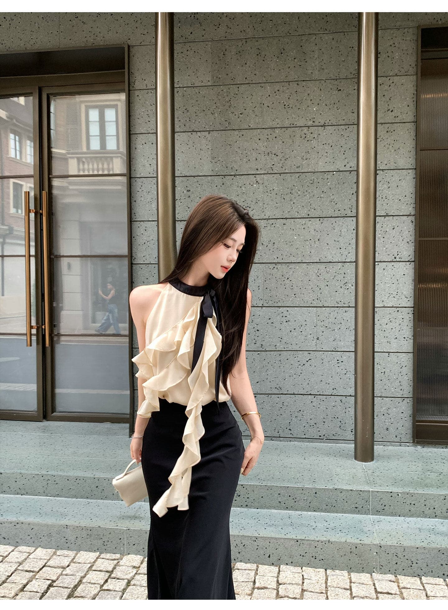 무쯔리 목자이 ~ 중 리 부드러운 빛 요리 한 바람 민소매 행침 목 프릴 쇼트 스타일 맨위 하이웨이스트 새틴 반신 치마 세트 상세 이미지 12