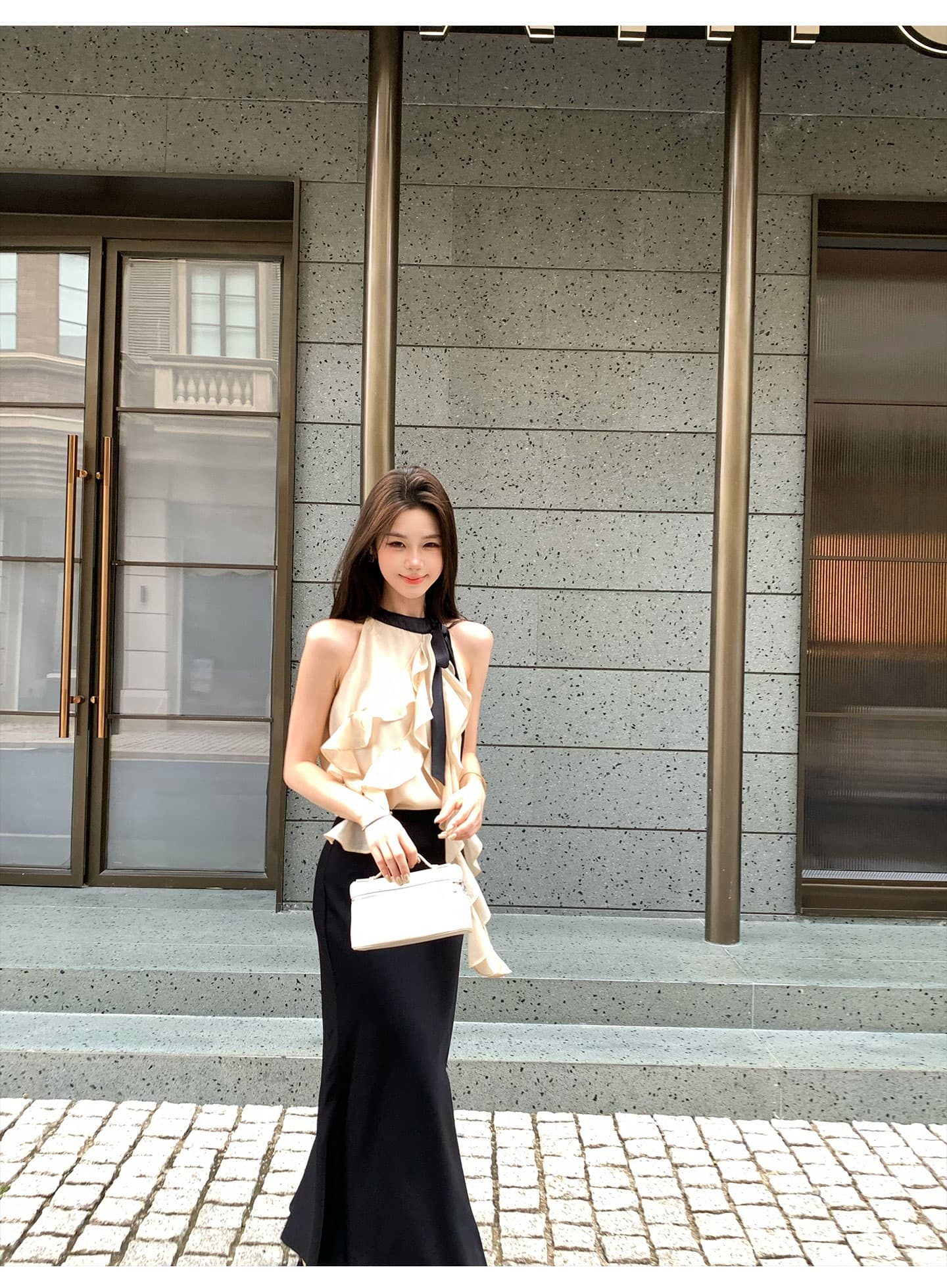 무쯔리 목자이 ~ 중 리 부드러운 빛 요리 한 바람 민소매 행침 목 프릴 쇼트 스타일 맨위 하이웨이스트 새틴 반신 치마 세트 상세 이미지 13