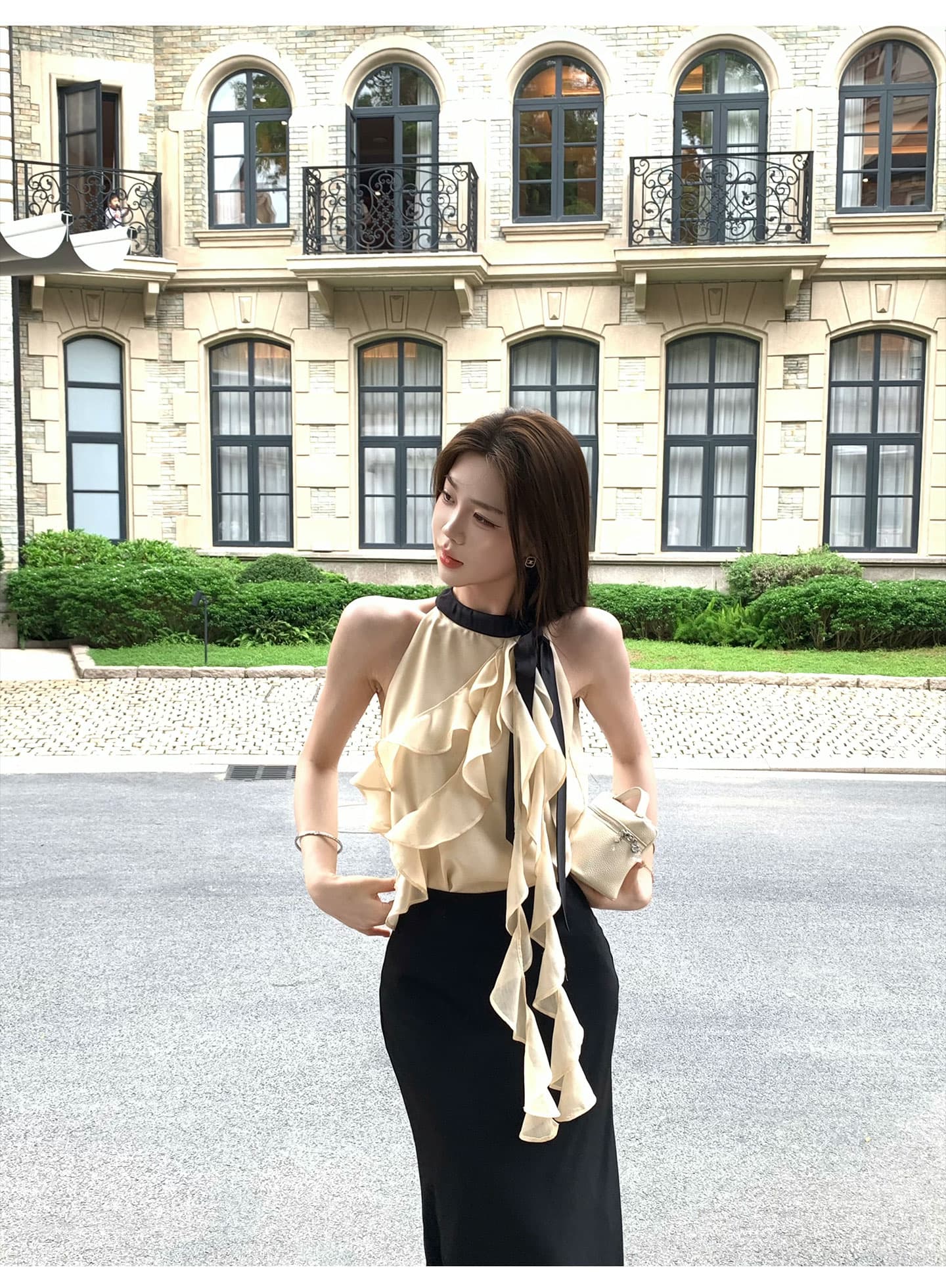 무쯔리 목자이 ~ 중 리 부드러운 빛 요리 한 바람 민소매 행침 목 프릴 쇼트 스타일 맨위 하이웨이스트 새틴 반신 치마 세트 상세 이미지 14