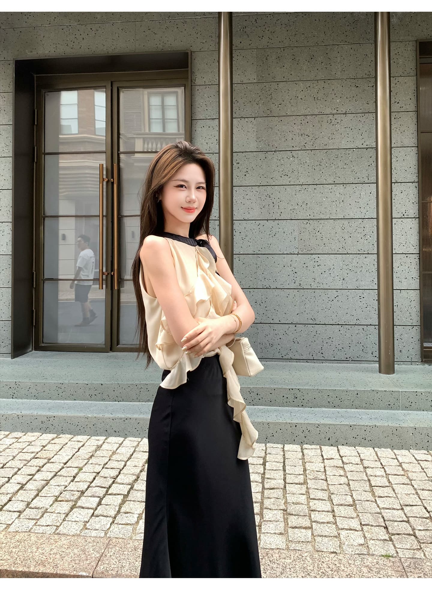 무쯔리 목자이 ~ 중 리 부드러운 빛 요리 한 바람 민소매 행침 목 프릴 쇼트 스타일 맨위 하이웨이스트 새틴 반신 치마 세트 상세 이미지 15
