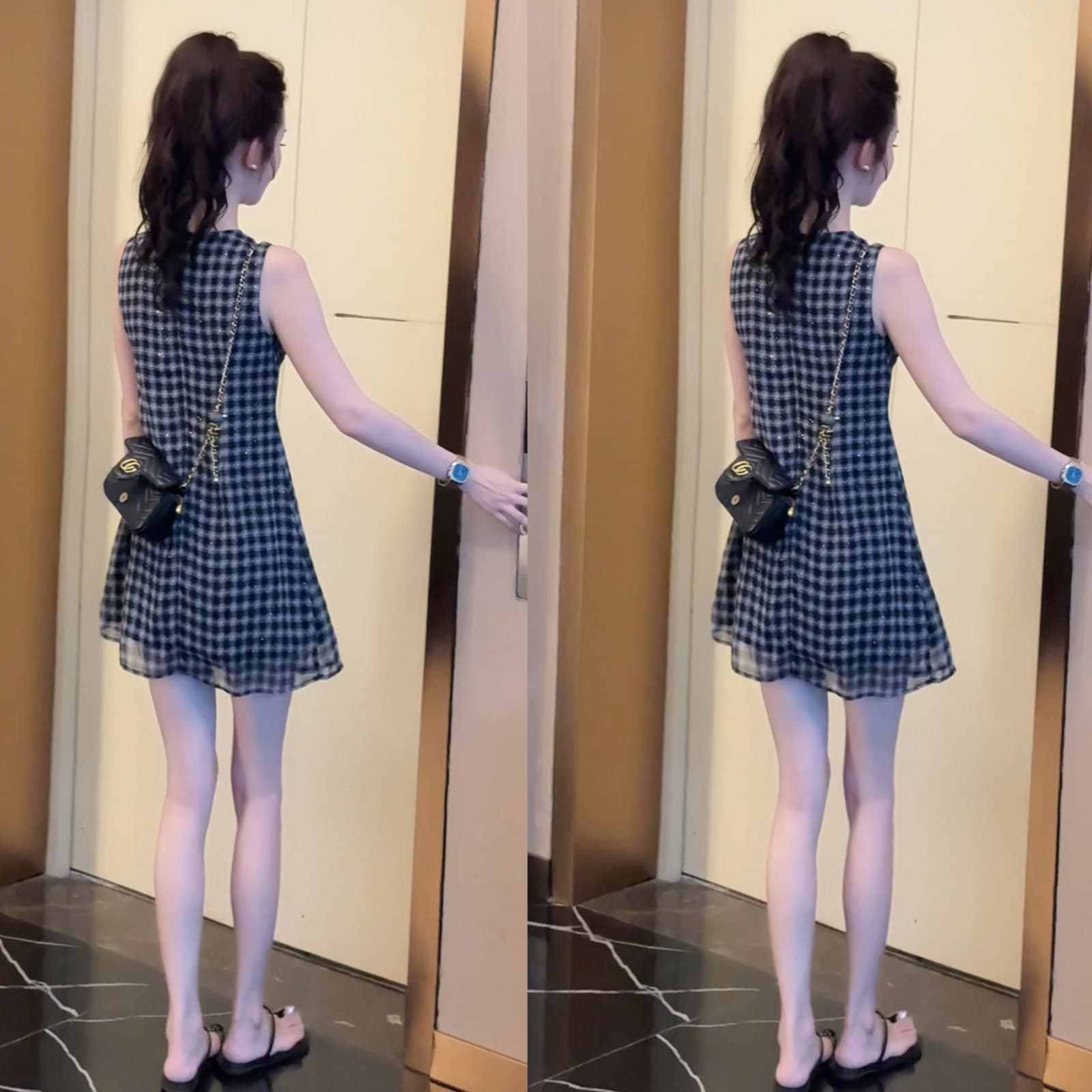 여름 자이언트 잘 생긴 흑인과 백인 체크무늬 민소매 여성 드레스 올해 인기 폭발 품격 슬림해 보이는 한 마디 조끼 스커트 상세 이미지 2
