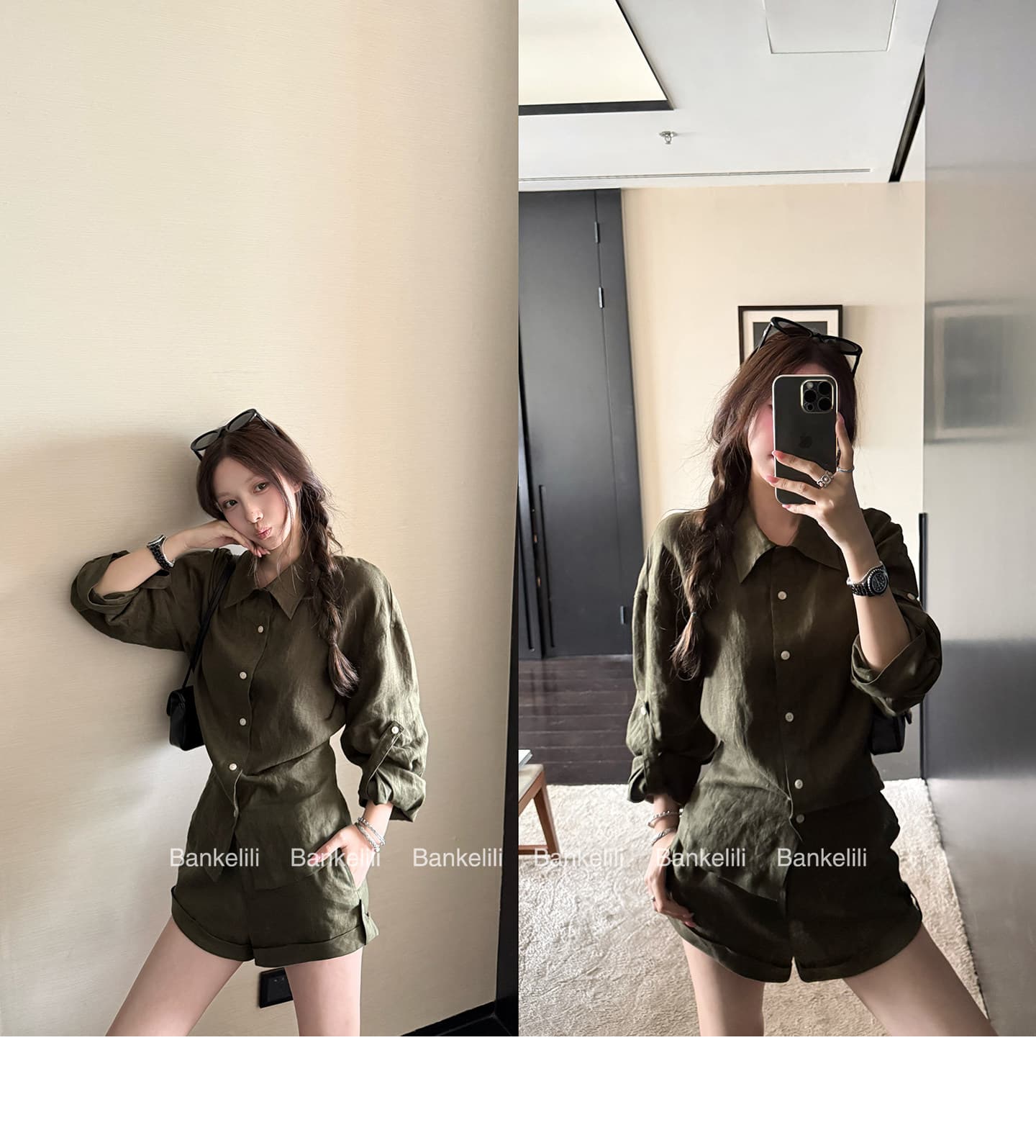 밤나무 코코아 bankelili 남양 오래된 돈 100 아마 느긋한 셔츠 볼륨 측면 반바지 세트 그룹 여성 여름 상세 이미지 3