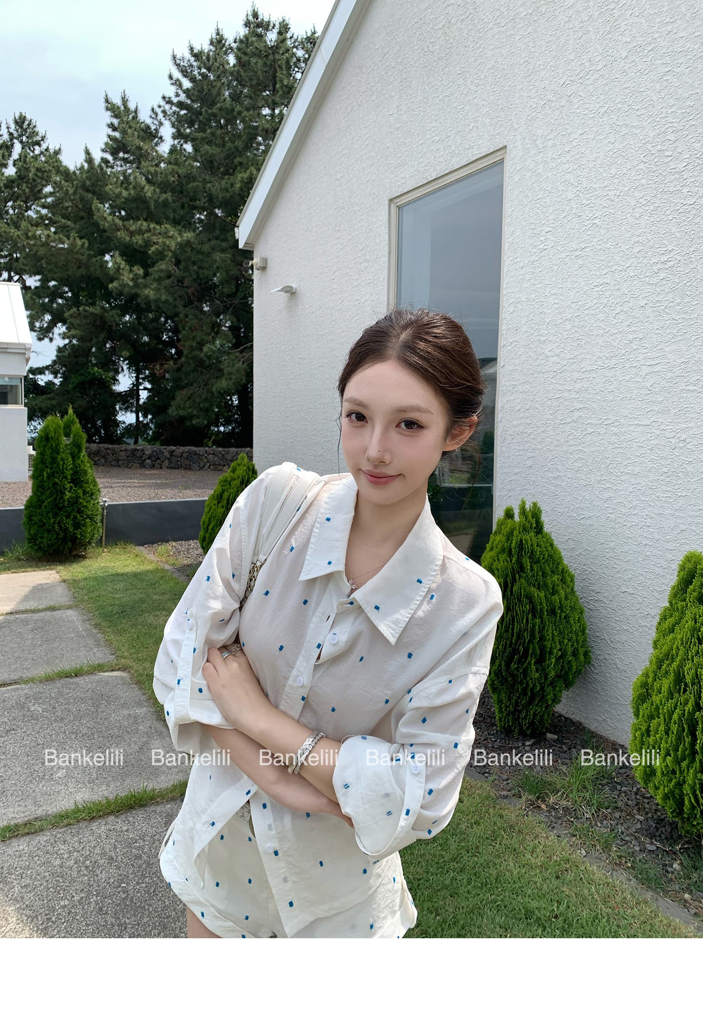 밤나무 코코아 bankelili 남양 오래된 돈 100 아마 느긋한 셔츠 볼륨 측면 반바지 세트 그룹 여성 여름 상세 이미지 4