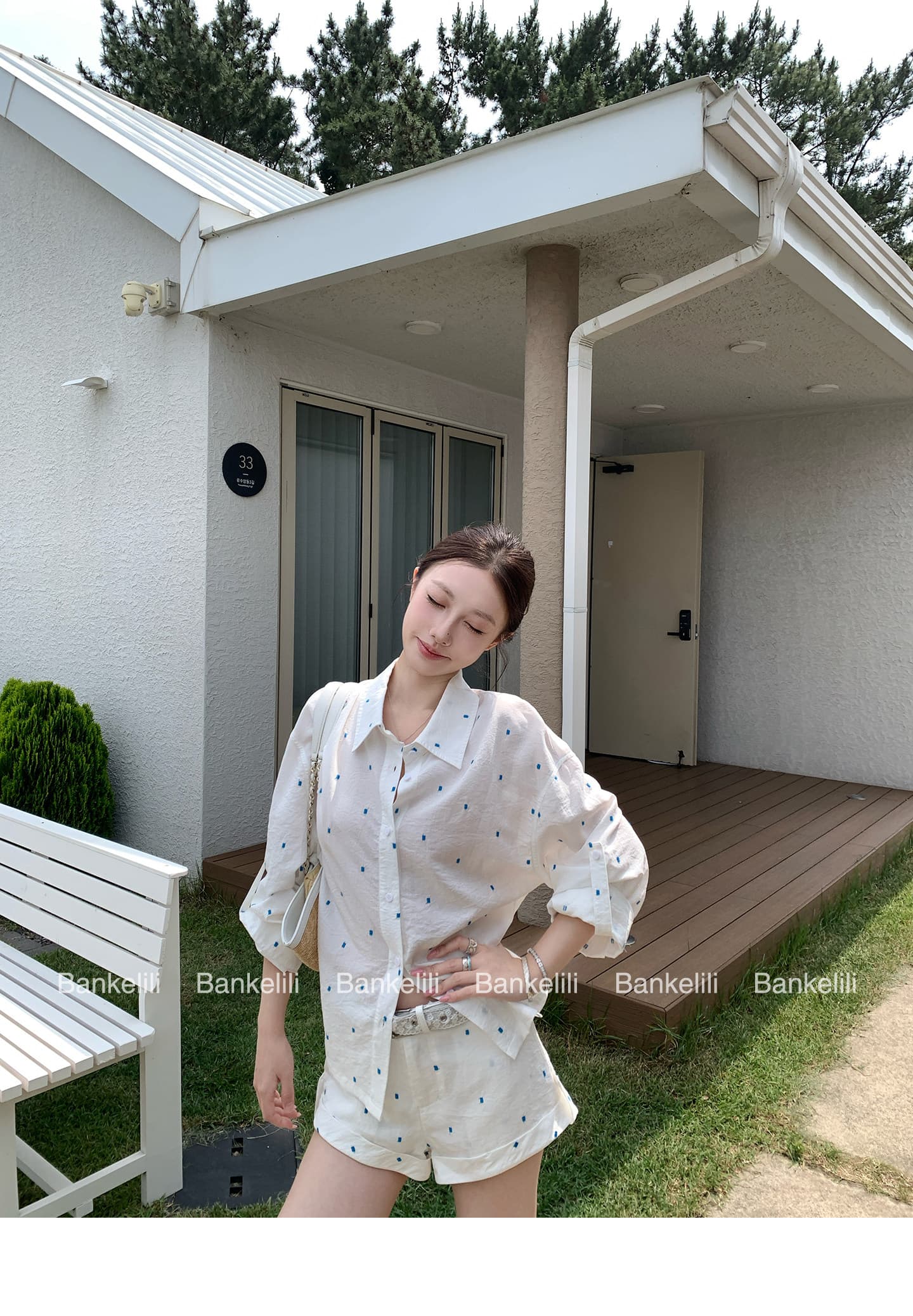 밤나무 코코아 bankelili 남양 오래된 돈 100 아마 느긋한 셔츠 볼륨 측면 반바지 세트 그룹 여성 여름 상세 이미지 7
