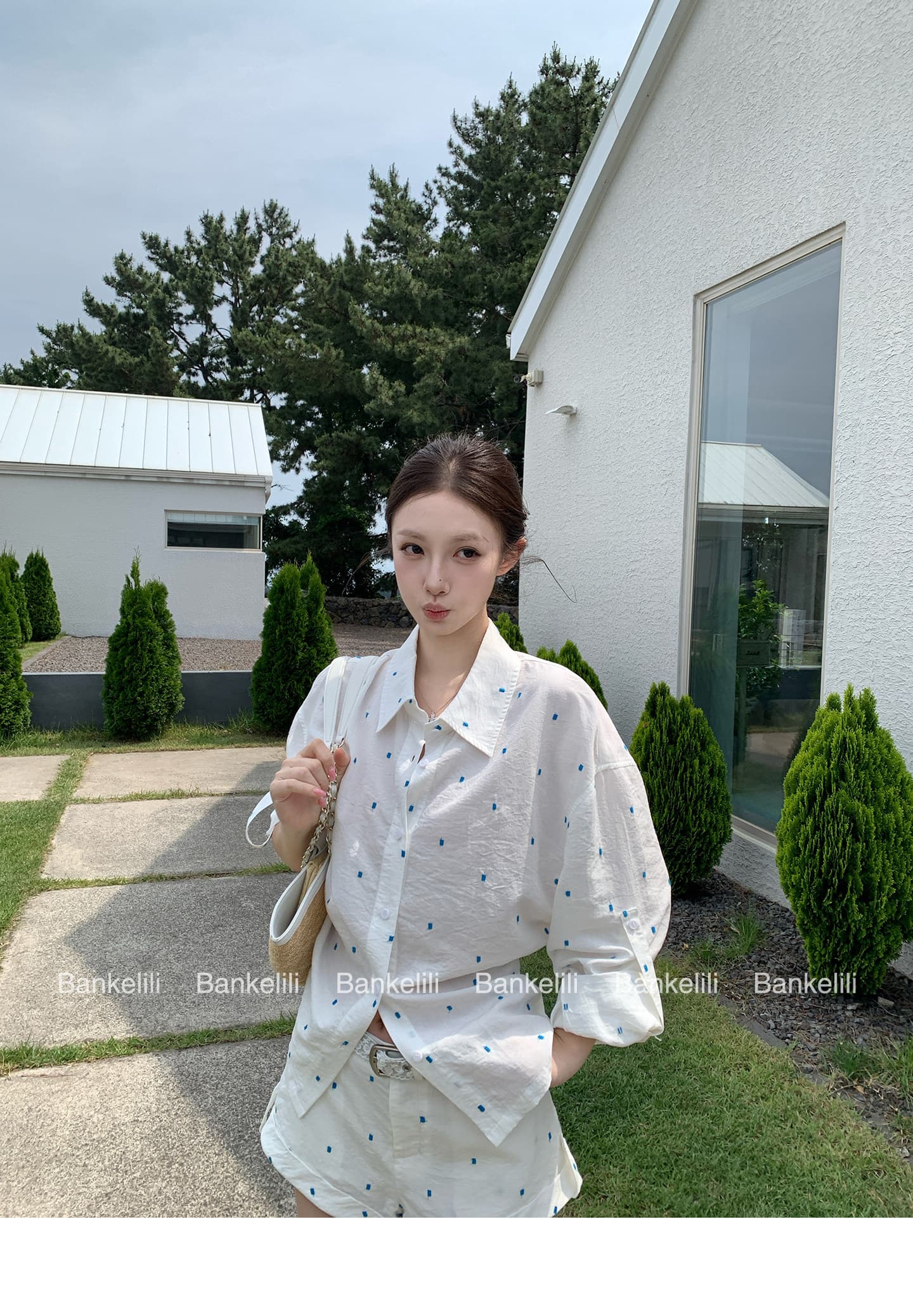 밤나무 코코아 bankelili 남양 오래된 돈 100 아마 느긋한 셔츠 볼륨 측면 반바지 세트 그룹 여성 여름 상세 이미지 11