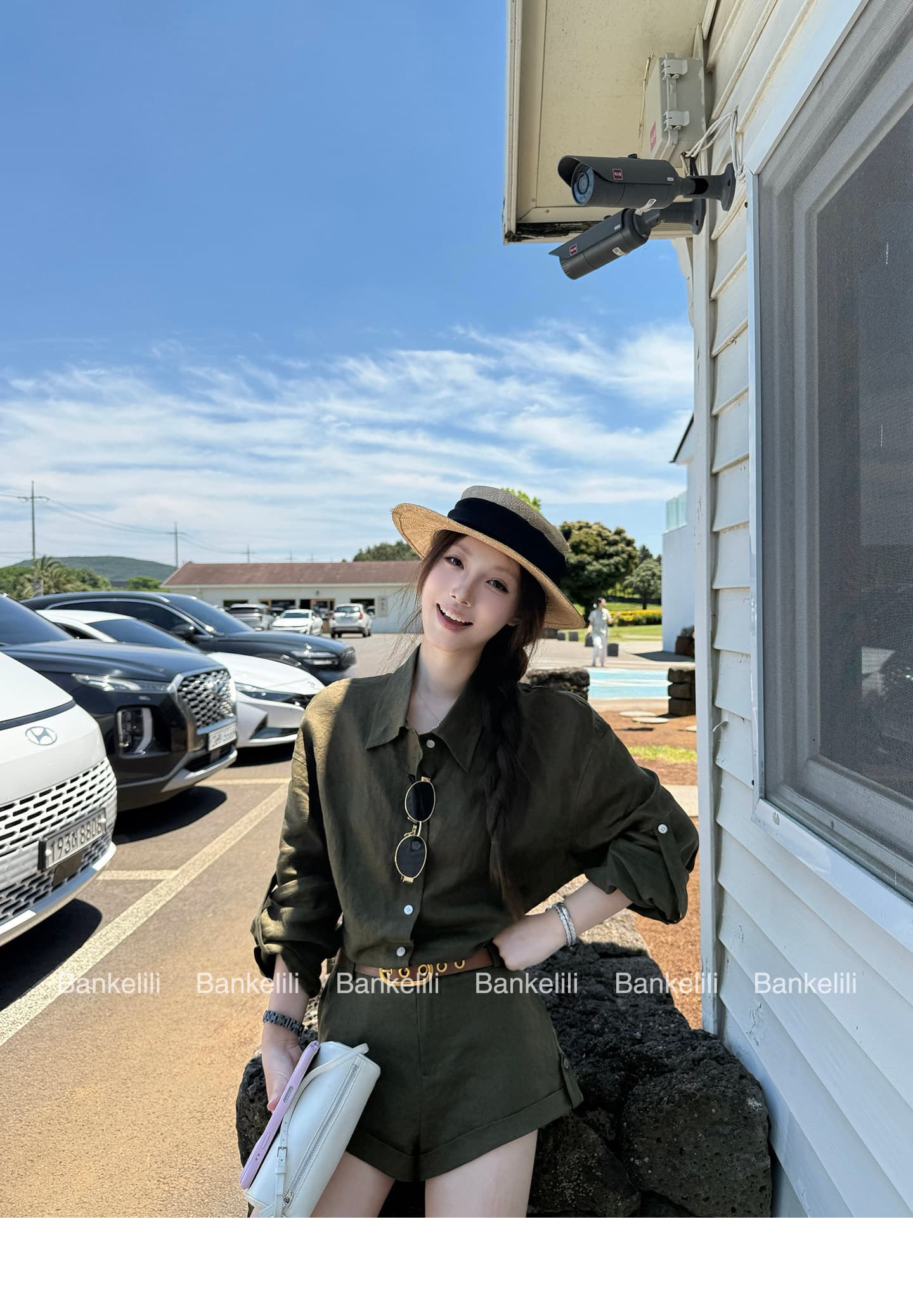 밤나무 코코아 bankelili 남양 오래된 돈 100 아마 느긋한 셔츠 볼륨 측면 반바지 세트 그룹 여성 여름 상세 이미지 30