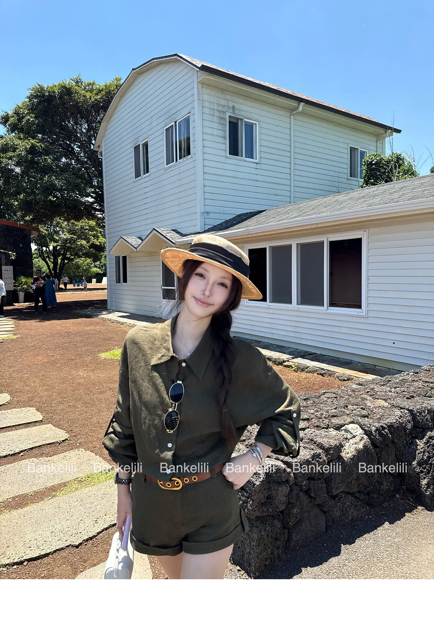 밤나무 코코아 bankelili 남양 오래된 돈 100 아마 느긋한 셔츠 볼륨 측면 반바지 세트 그룹 여성 여름 상세 이미지 34