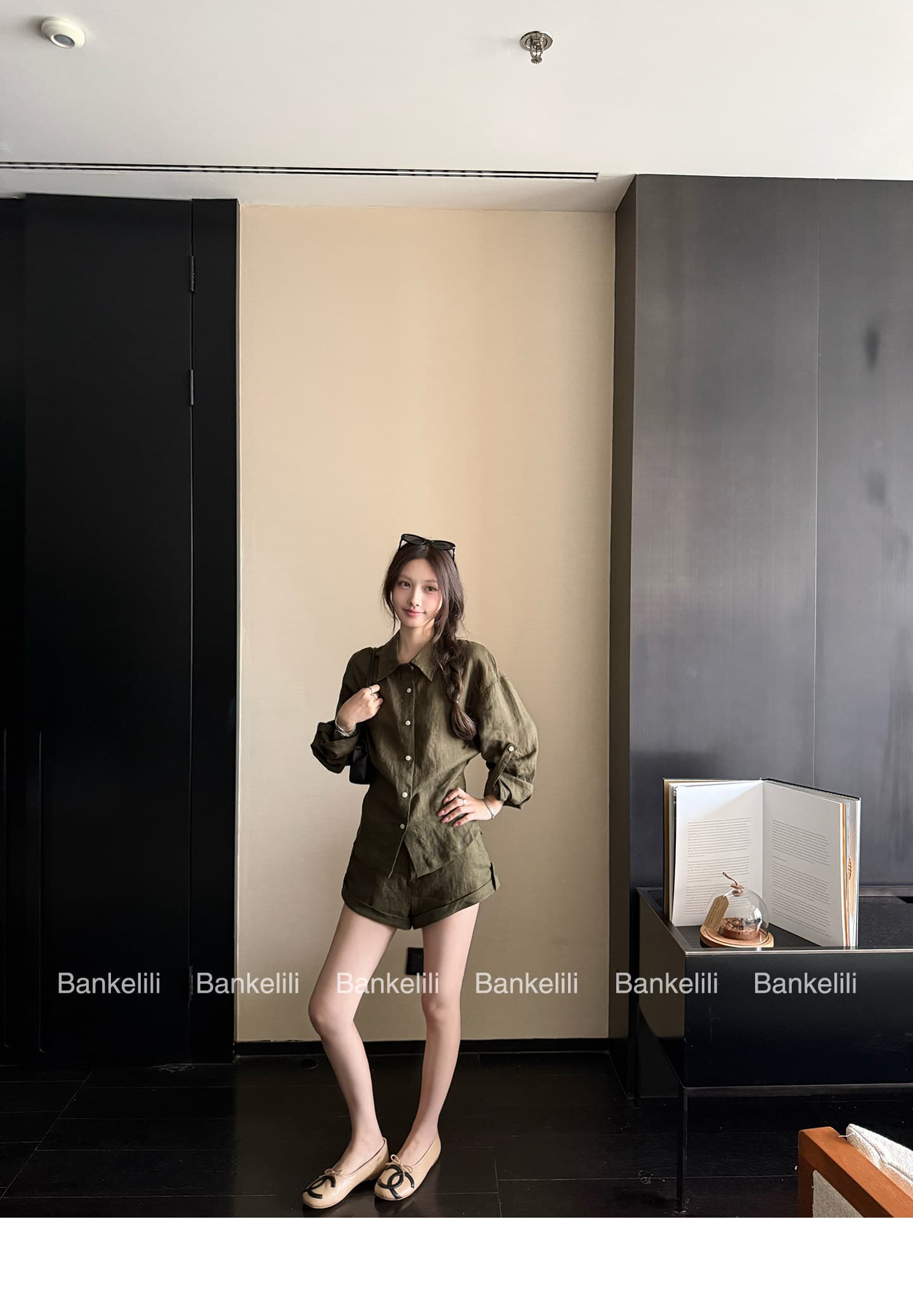 밤나무 코코아 bankelili 남양 오래된 돈 100 아마 느긋한 셔츠 볼륨 측면 반바지 세트 그룹 여성 여름 상세 이미지 41