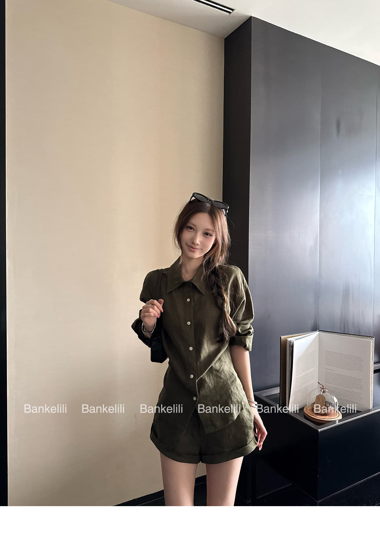 밤나무 코코아 bankelili 남양 오래된 돈 100 아마 느긋한 셔츠 볼륨 측면 반바지 세트 그룹 여성 여름 상세 이미지 42