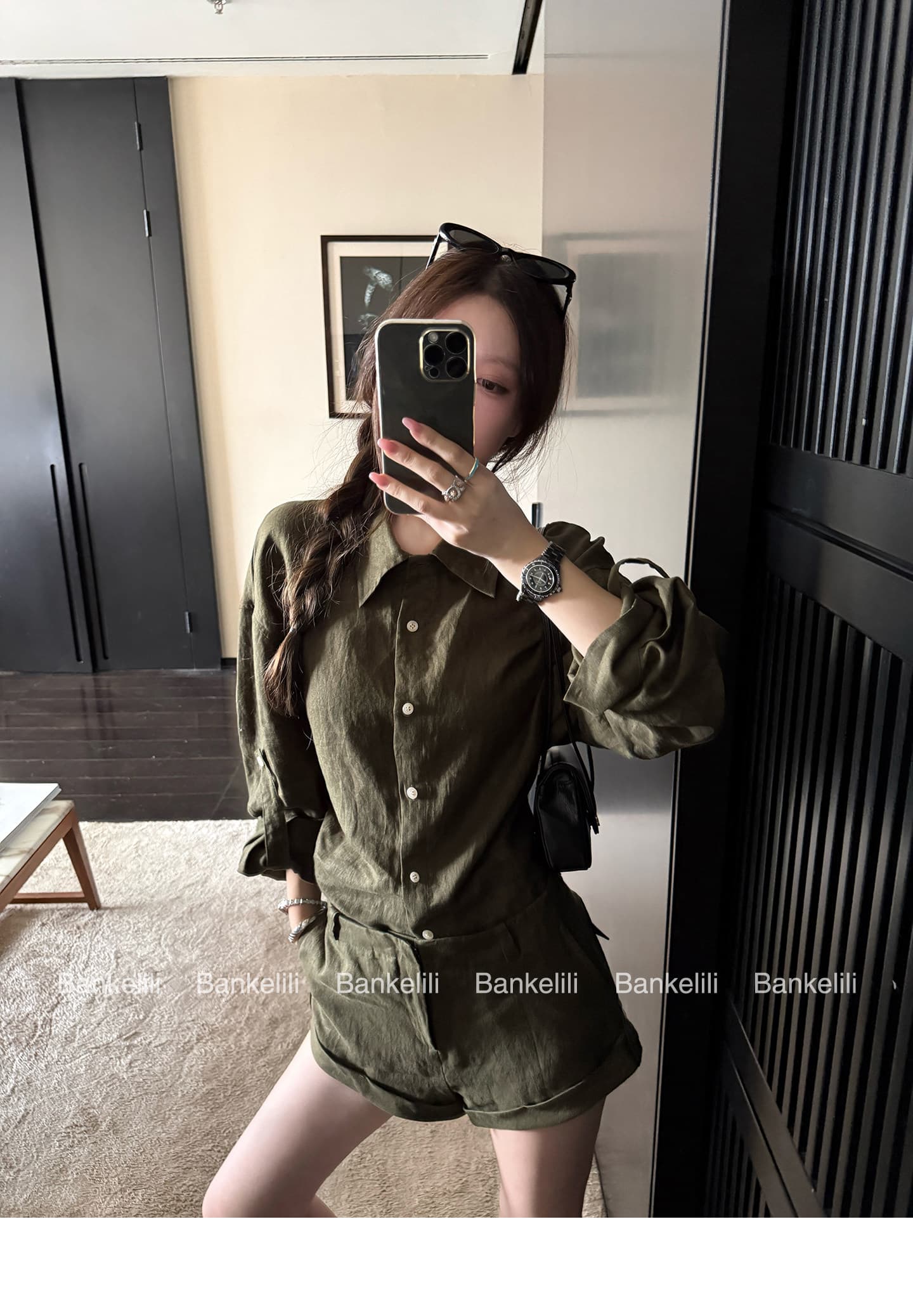 밤나무 코코아 bankelili 남양 오래된 돈 100 아마 느긋한 셔츠 볼륨 측면 반바지 세트 그룹 여성 여름 상세 이미지 44