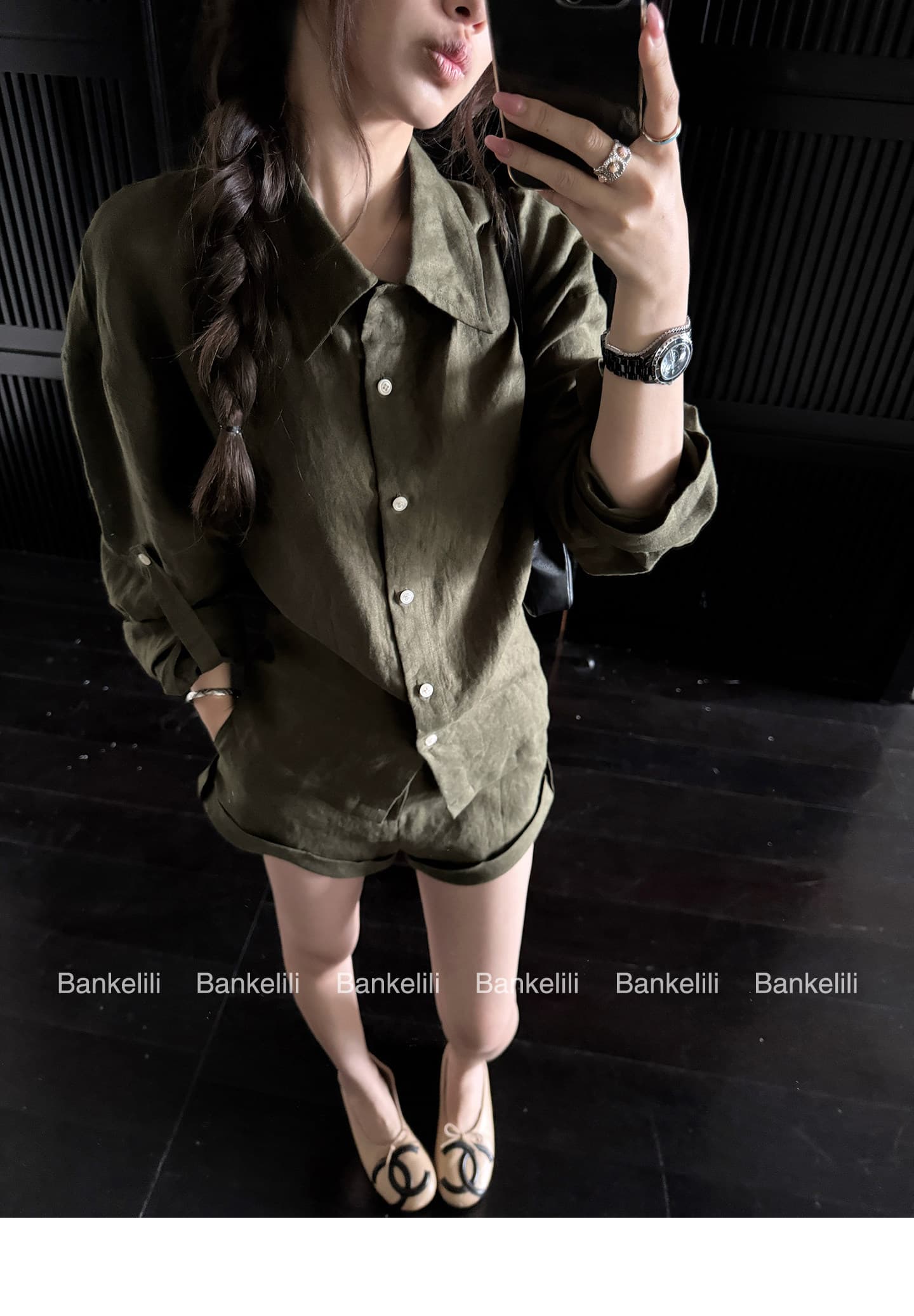 밤나무 코코아 bankelili 남양 오래된 돈 100 아마 느긋한 셔츠 볼륨 측면 반바지 세트 그룹 여성 여름 상세 이미지 45