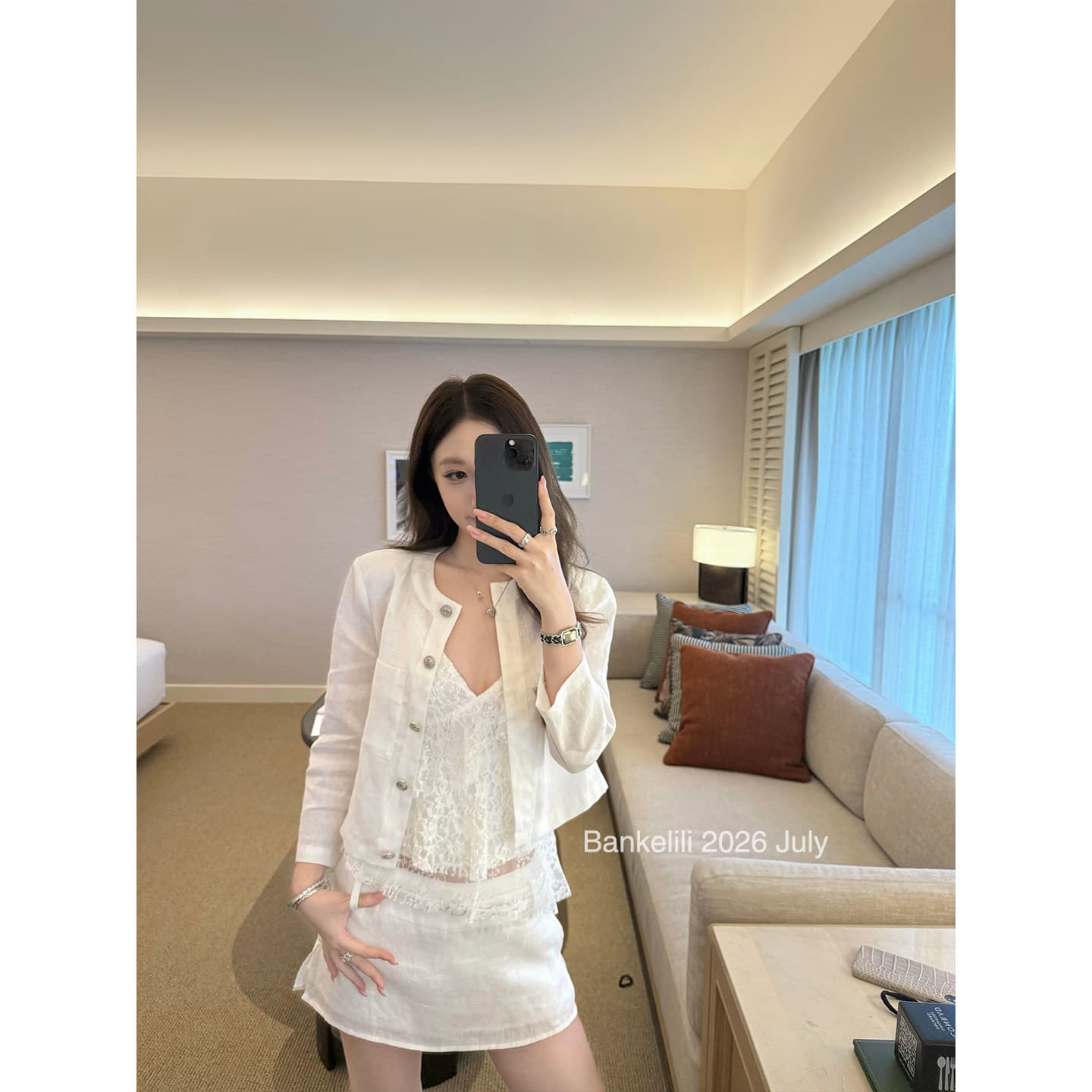밤나무 코코아 bankelili 필리핀 린 휴일 아마 7부 소매 라운드 넥 재킷 반 스커트 세트 여성 이미지 3